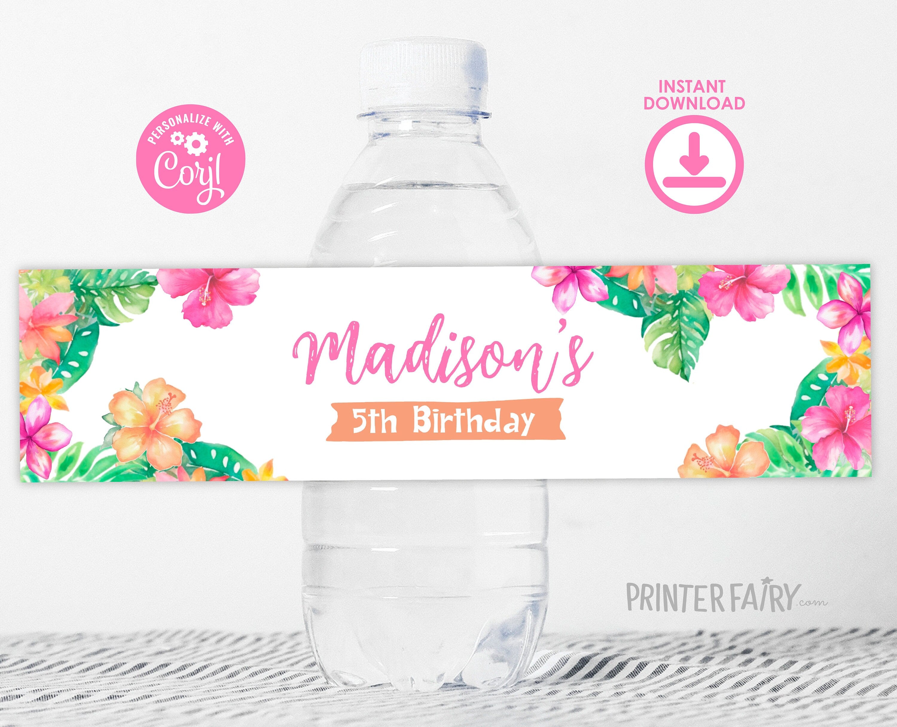 Editable Luau Party Water Bottle Label, Hawaiian Birthday Template (Instant Download)