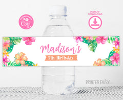 Editable Luau Party Water Bottle Label, Hawaiian Birthday Template (Instant Download)