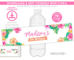 Editable Luau Party Water Bottle Label, Hawaiian Birthday Template (Instant Download)