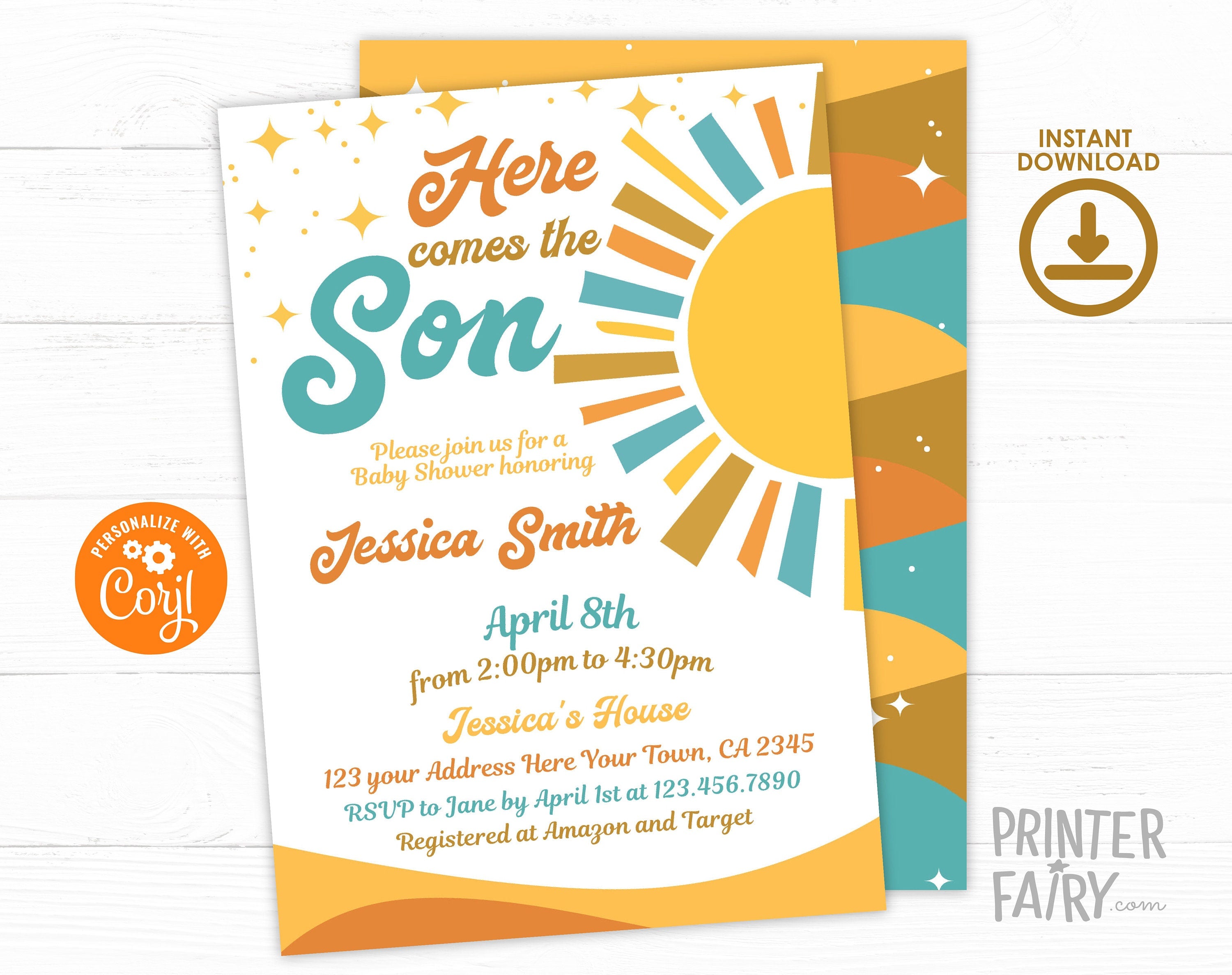 Here Comes the Sun Baby Shower Invitation, Boho Sunshine (Editable Template)