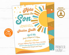 Here Comes the Sun Baby Shower Invitation, Boho Sunshine (Editable Template)