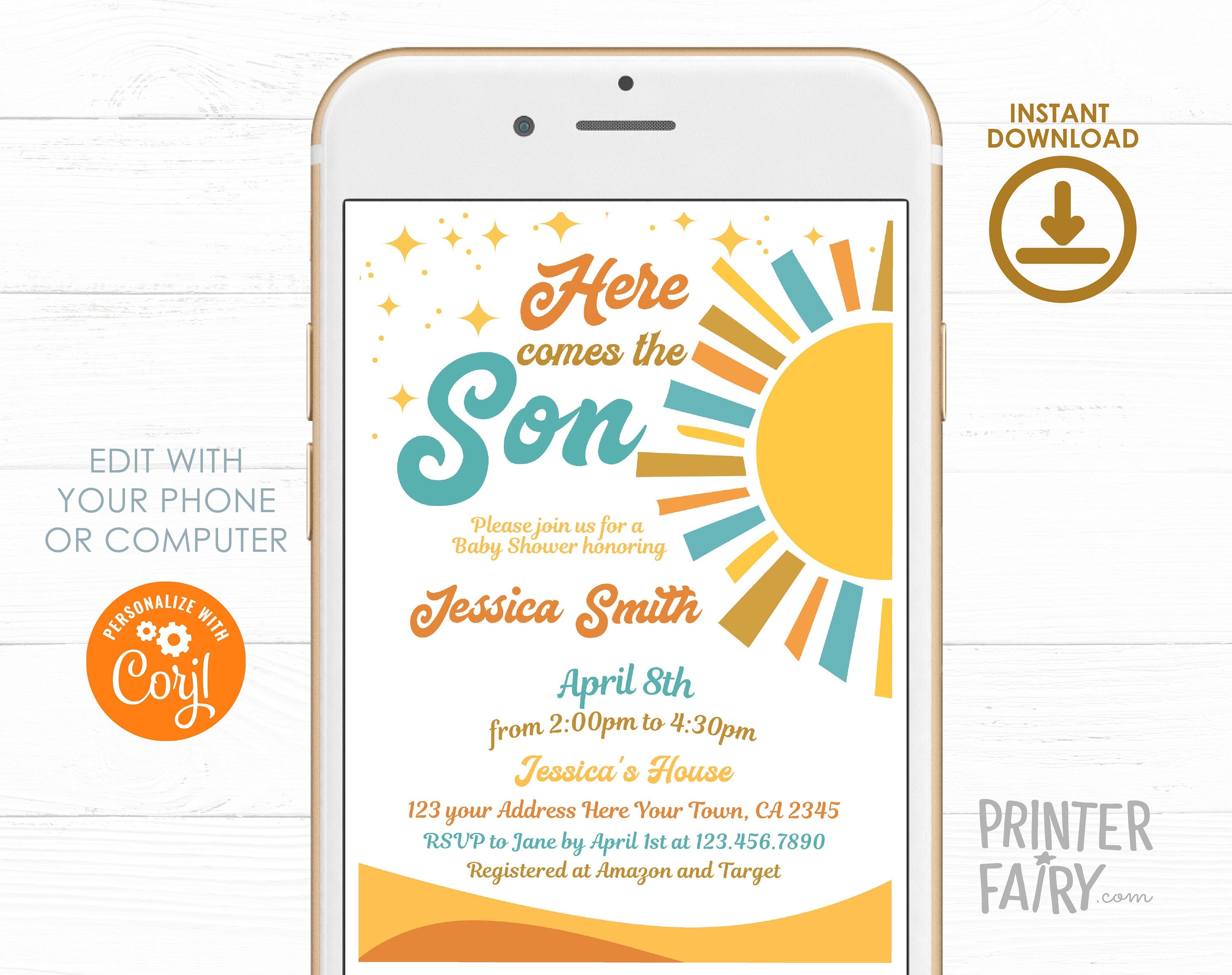Here Comes the Sun Baby Shower Invitation, Boho Sunshine (Editable Template)