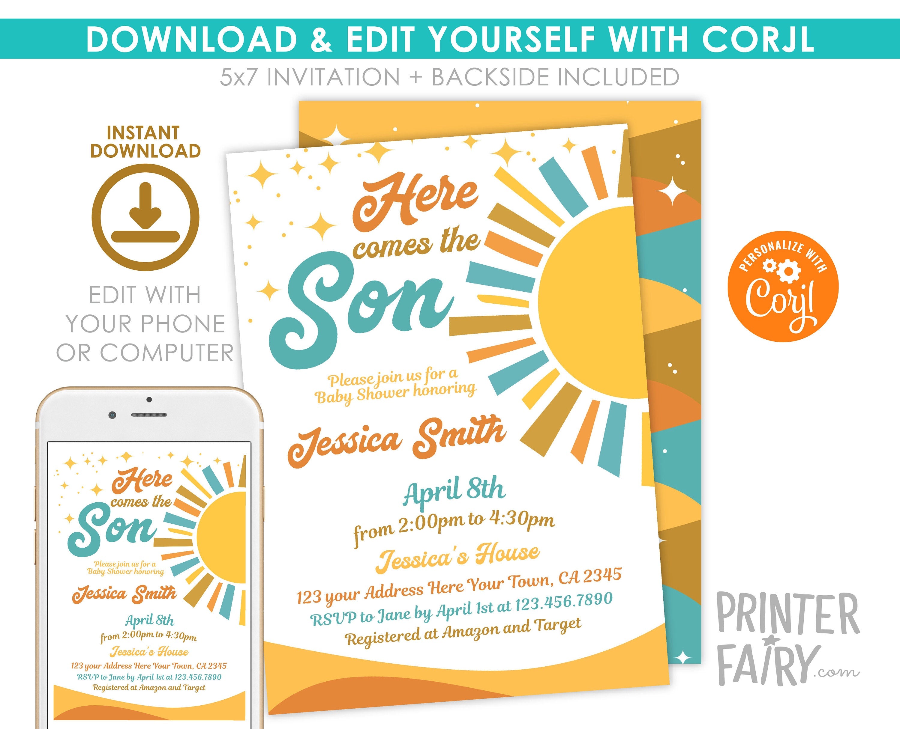 Here Comes the Sun Baby Shower Invitation, Boho Sunshine (Editable Template)