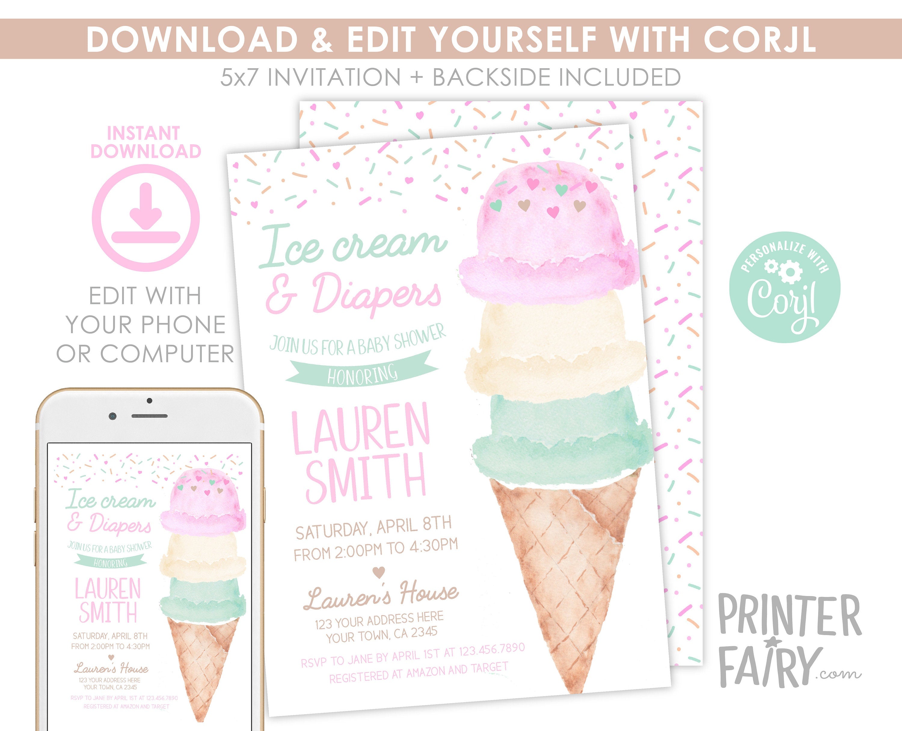 Ice Cream Baby Shower Invitation Editable Template, Instant Download