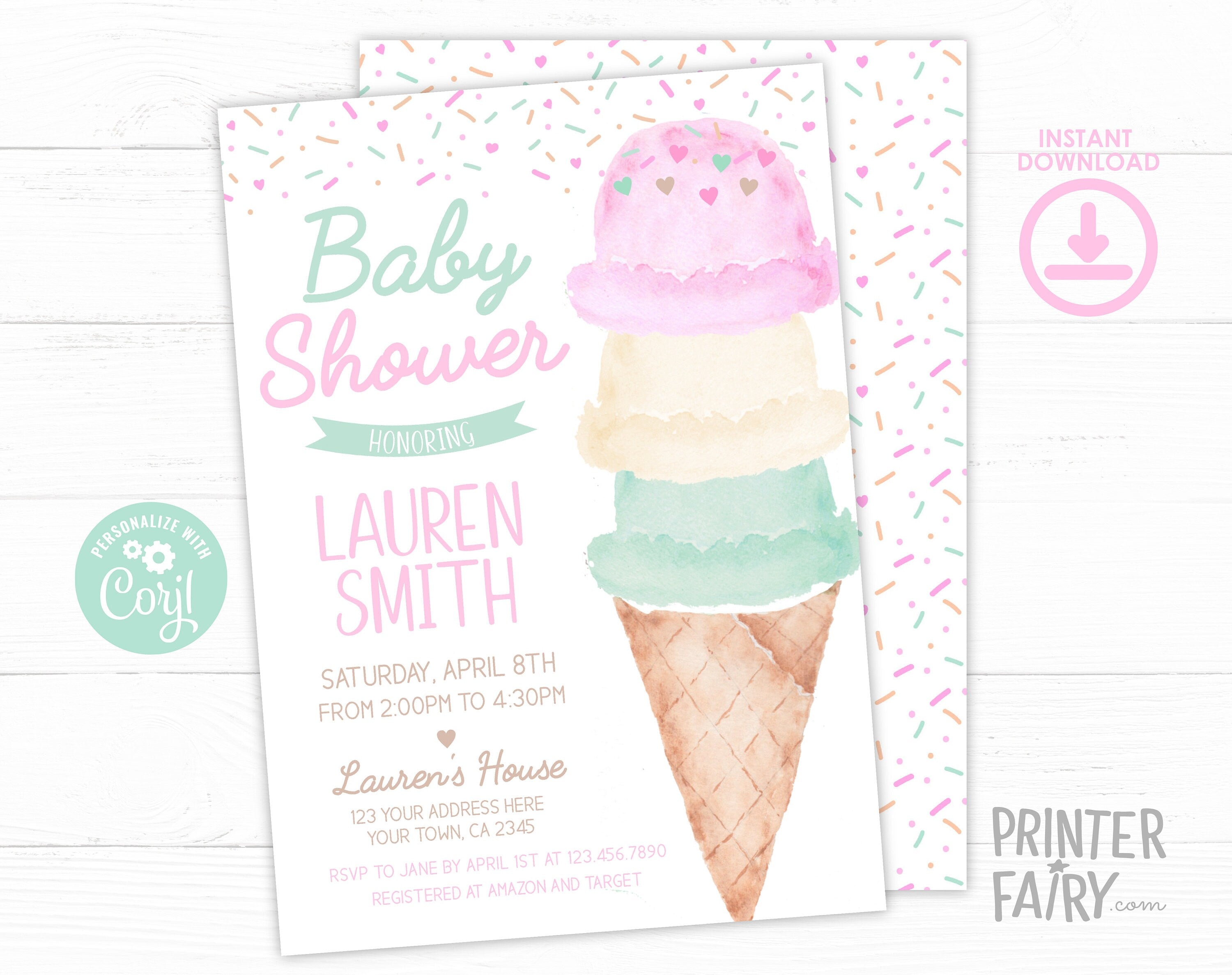 Ice Cream Baby Shower Invitation Editable Template (Digital Instant Download)