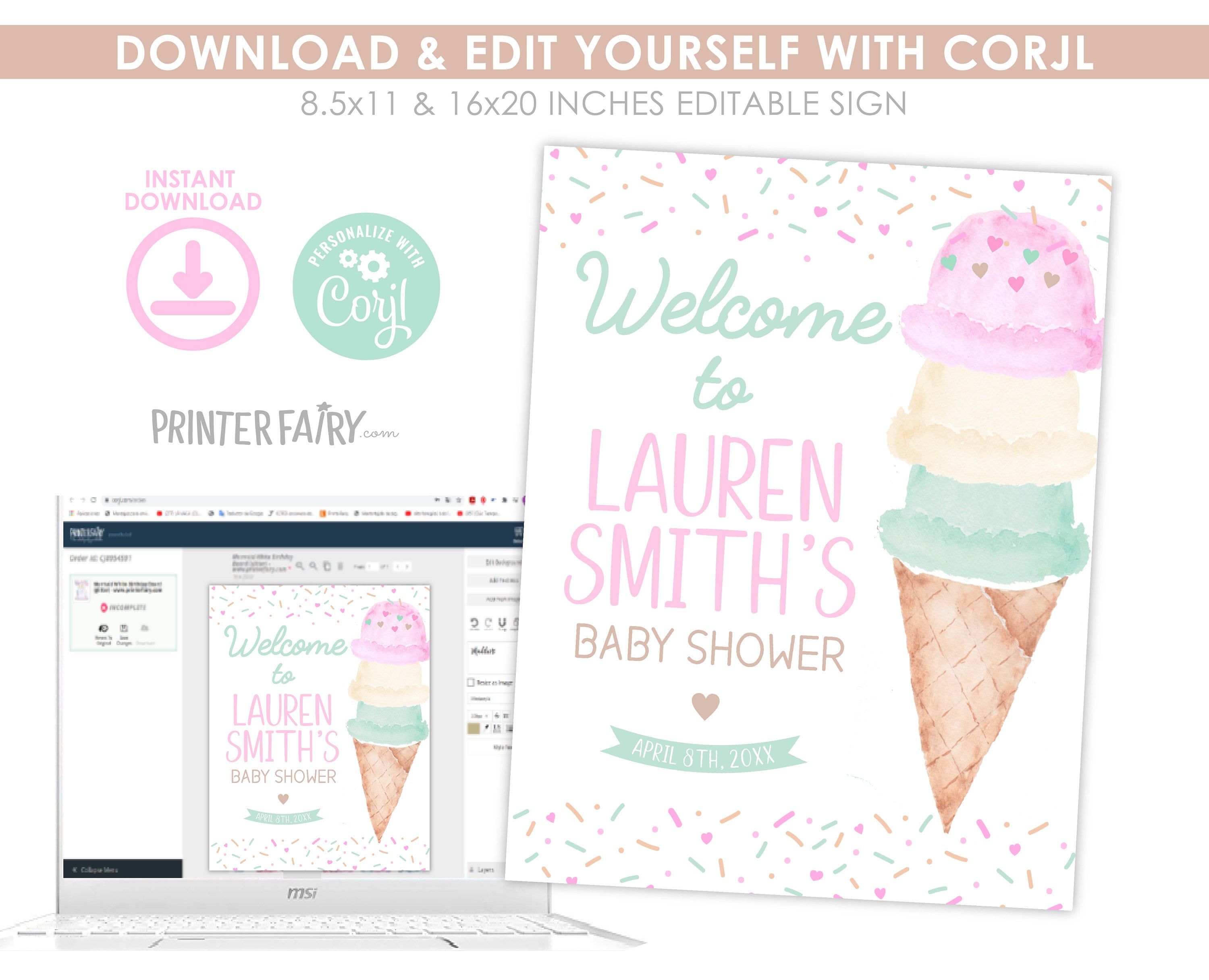 Ice Cream Baby Shower Welcome Sign, Editable Sundae Theme (Digital Download)