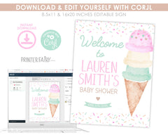 Ice Cream Baby Shower Welcome Sign, Editable Sundae Theme (Digital Download)