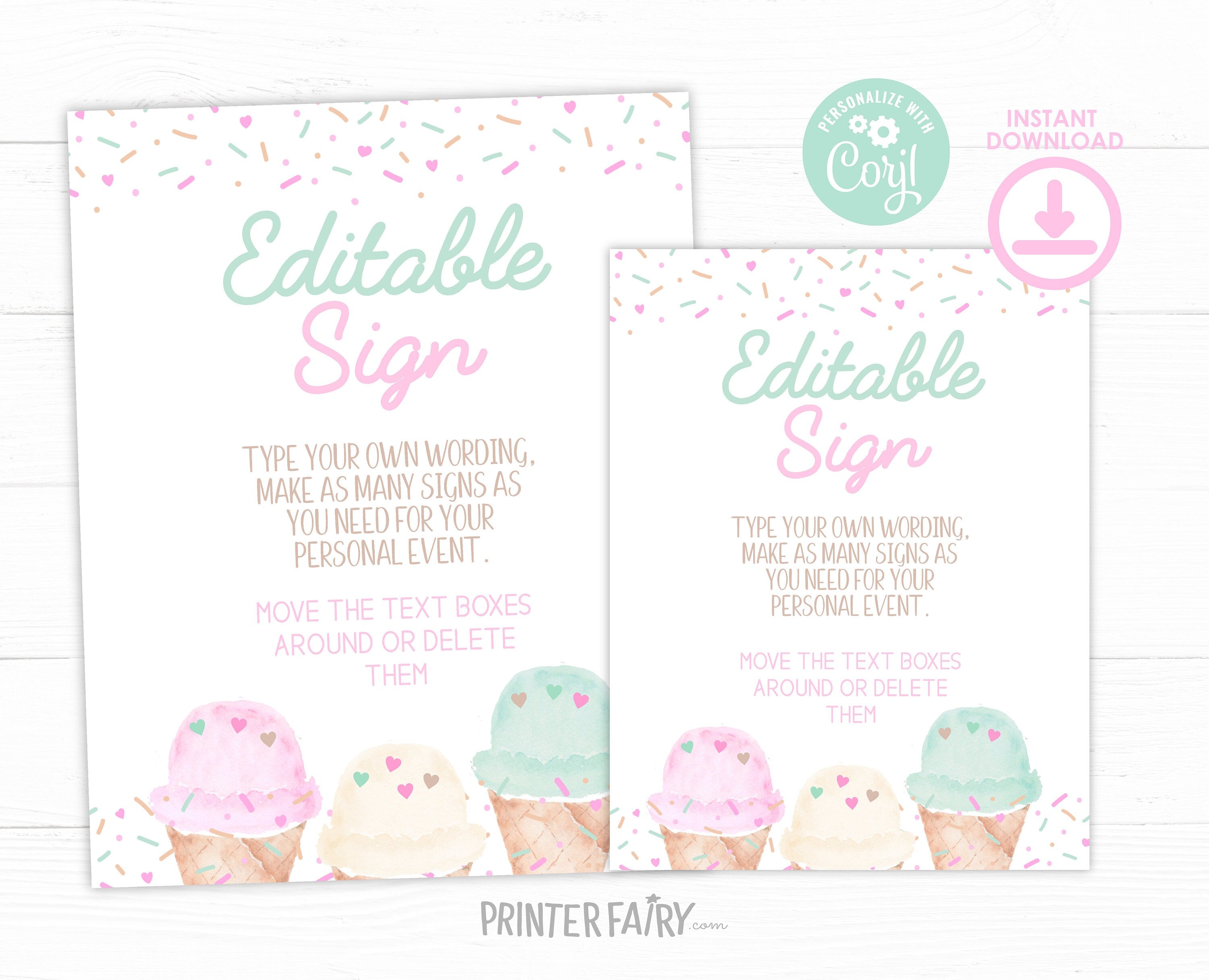 Ice Cream Baby Shower Sign, Editable Watercolor Design (Digital Download)