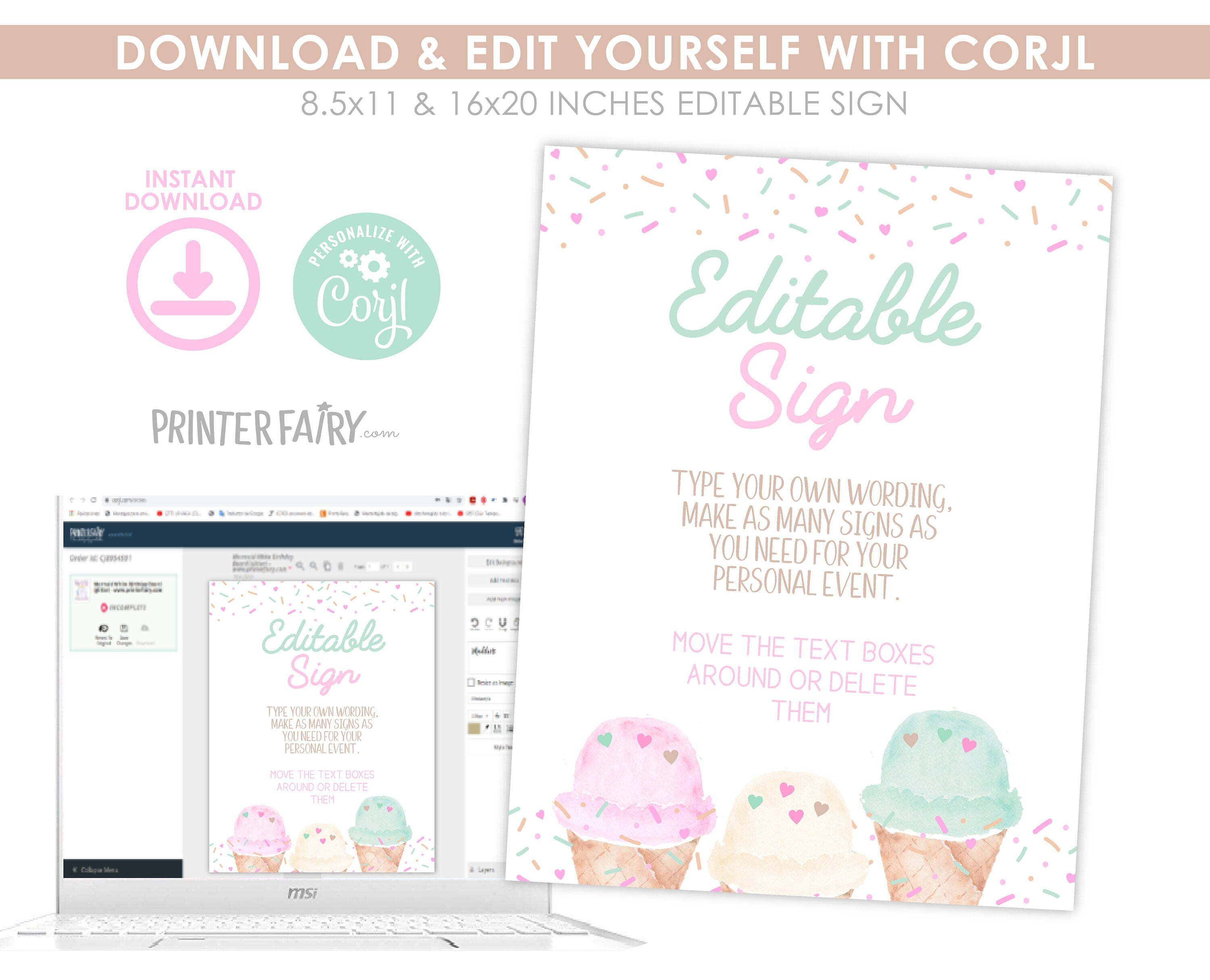 Ice Cream Baby Shower Sign, Editable Watercolor Design (Digital Download)