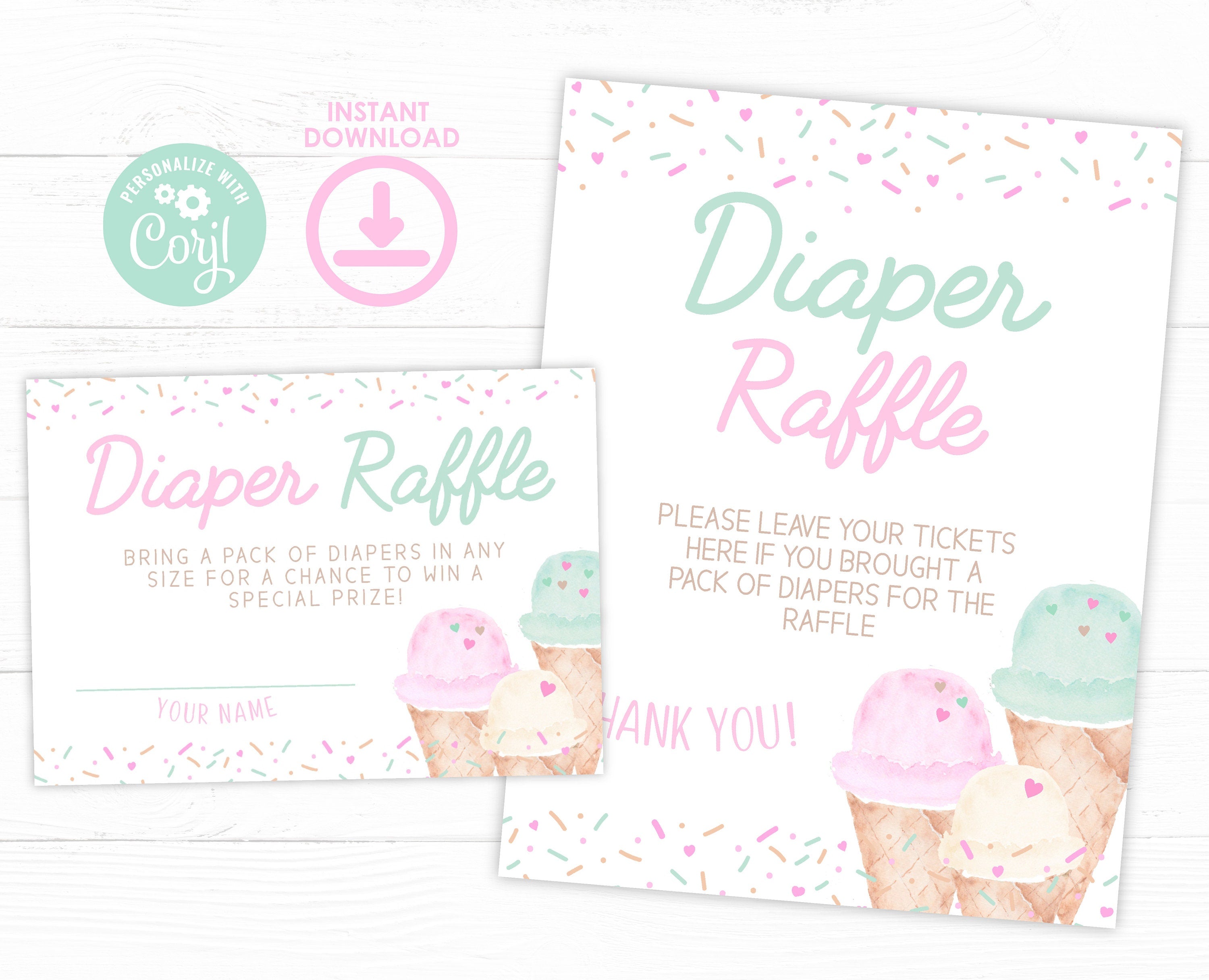 Ice Cream Baby Shower Diaper Raffle Sign and Ticket Editable Templates (Digital Instant Download)