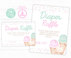 Ice Cream Baby Shower Diaper Raffle Sign and Ticket Editable Templates (Digital Instant Download)