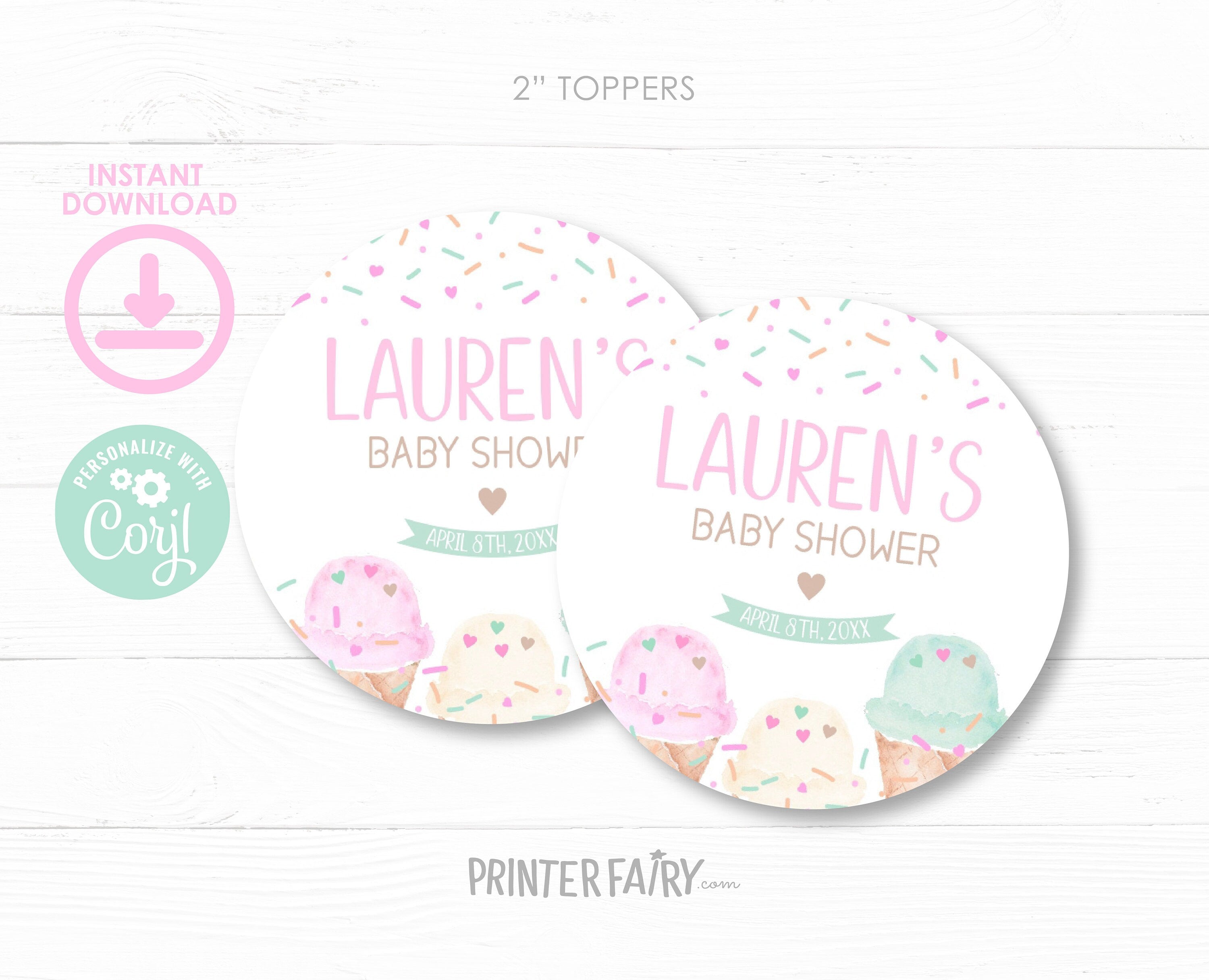 Ice Cream Baby Shower Toppers, Editable Label Template (Digital Instant Download)
