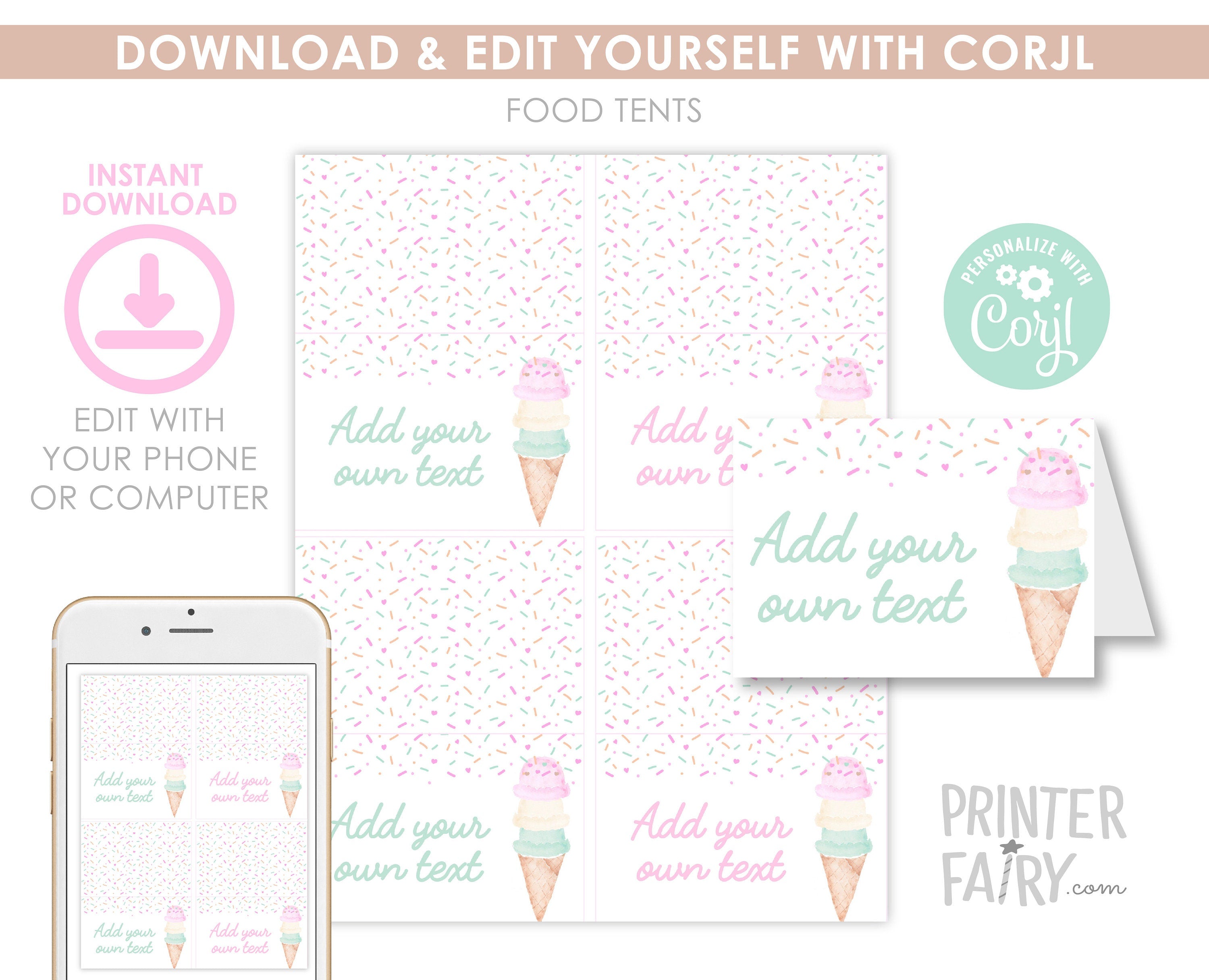 Ice Cream Party Food Tent Cards Printable Editable Instant Download