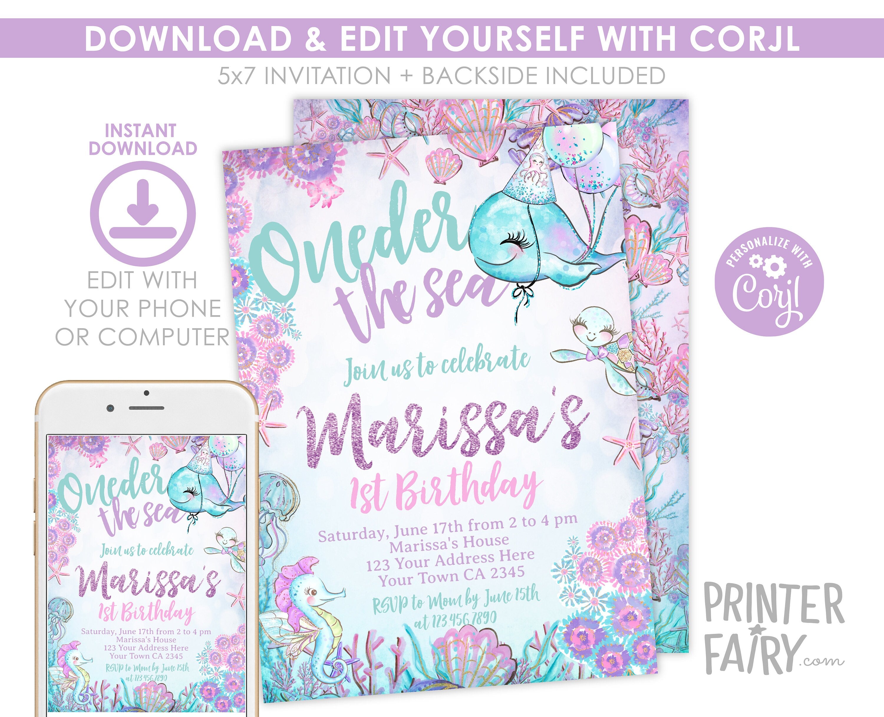 Under The Sea 1st Birthday Invitation, Whale Party (Editable, Instant Download, Printable)
