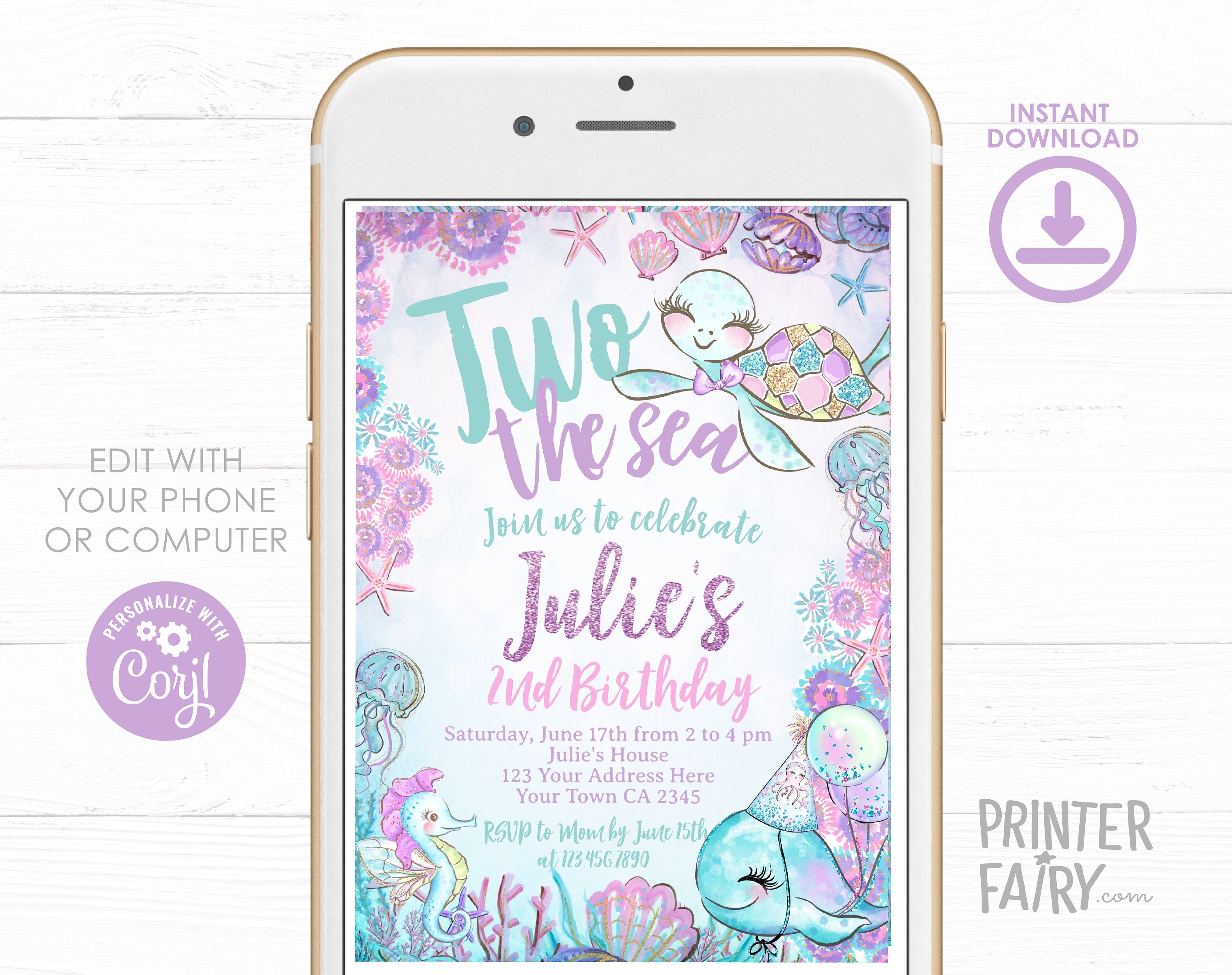 Under The Sea 2nd Birthday Invitation Editable Template, Two The Sea Turtle Party Invite, Instant Download