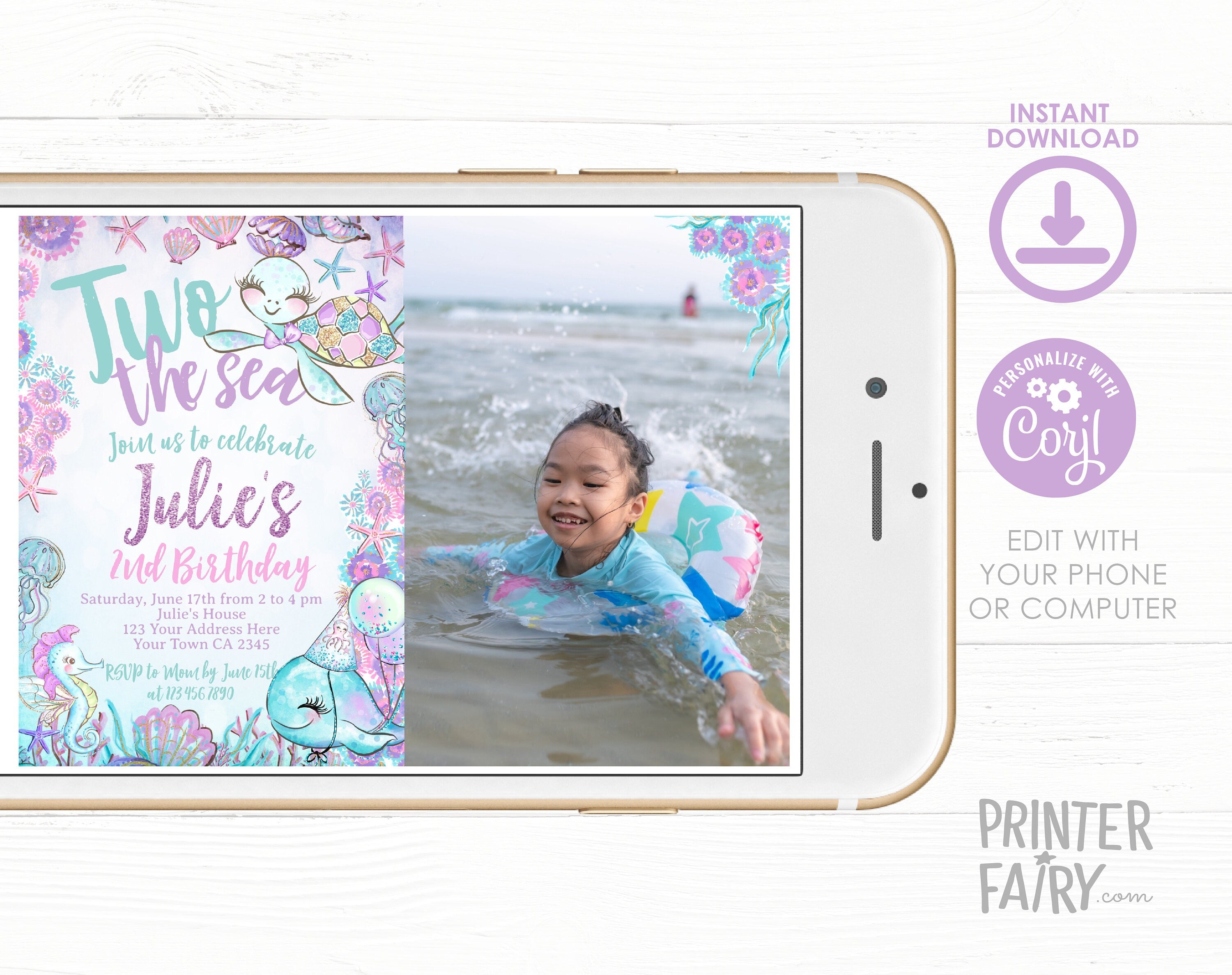 Under The Sea Birthday Invitation, Photo, Turtle, Editable Template (Digital Download)