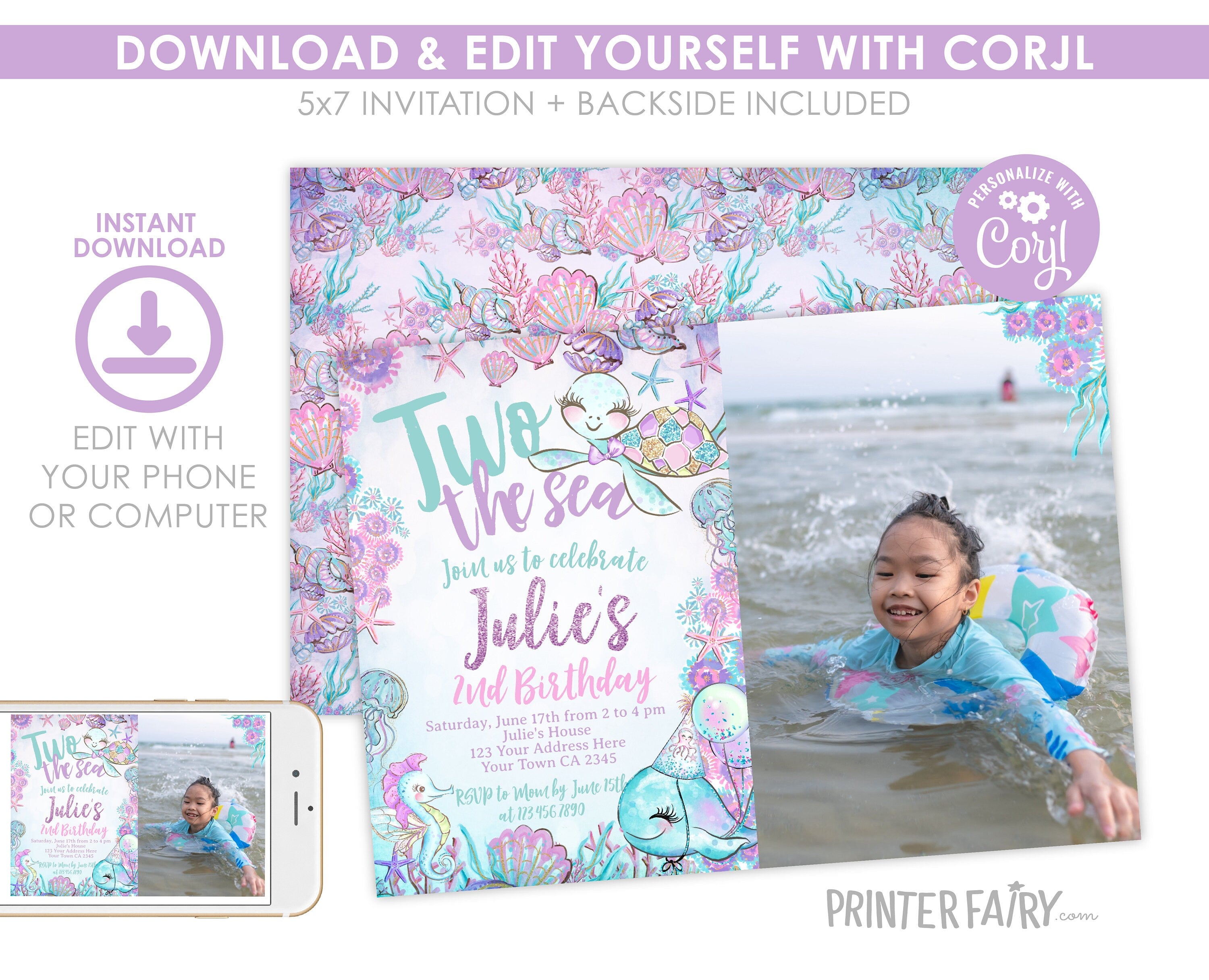 Under The Sea Birthday Invitation, Photo, Turtle, Editable Template (Digital Download)