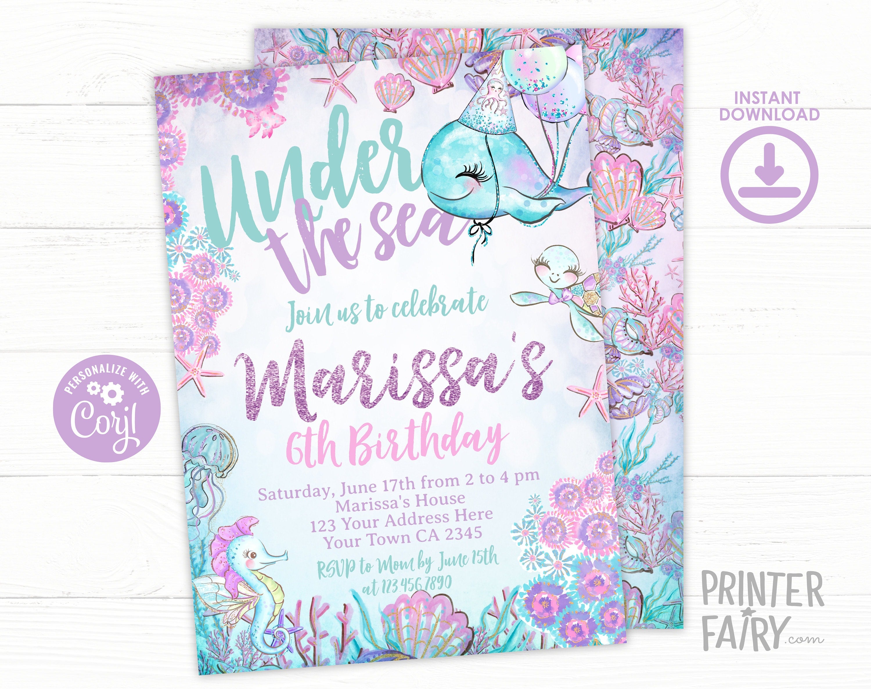 Under The Sea Birthday Invitation, Sea Animals (Editable, Instant Download)
