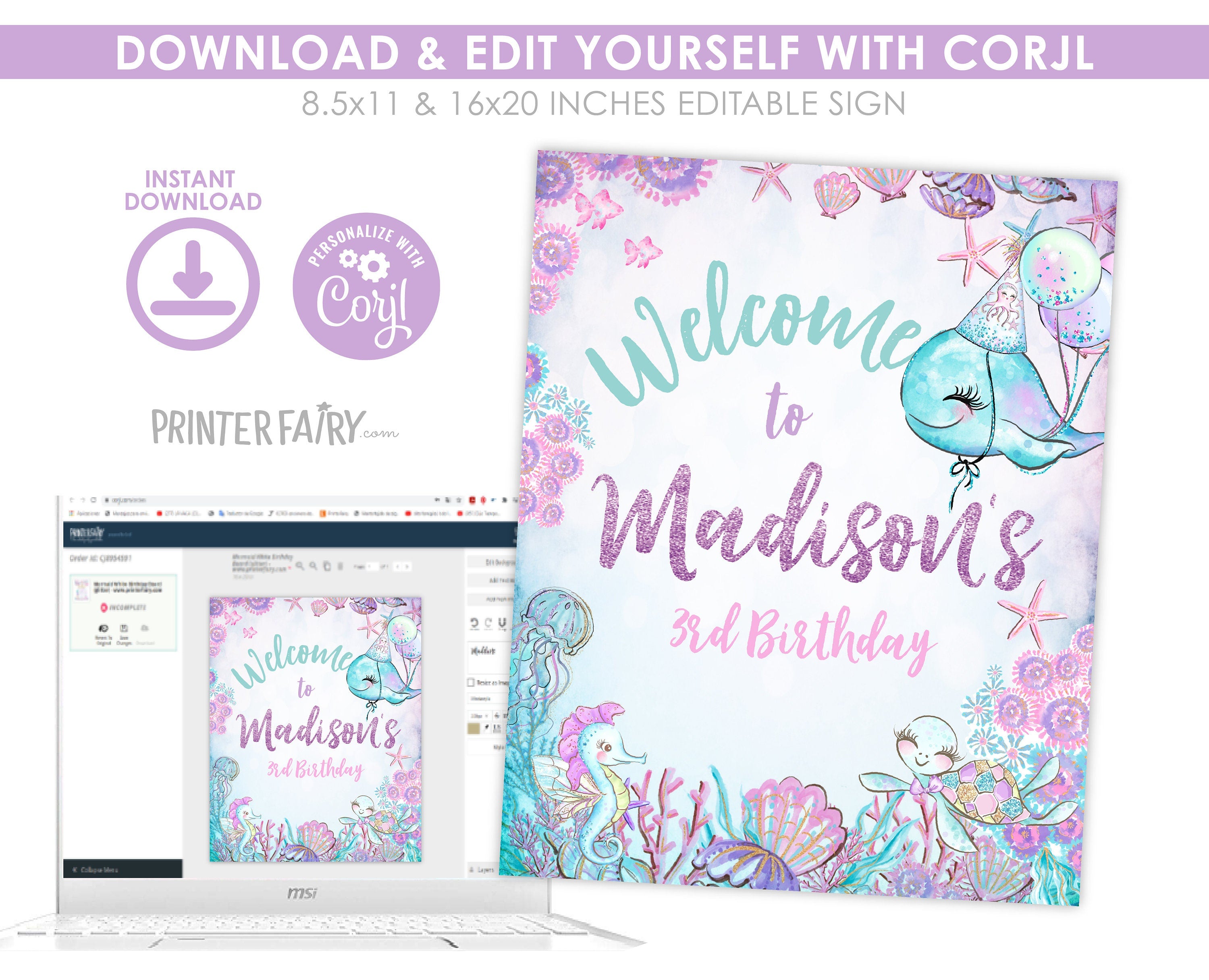 Under The Sea Birthday Welcome Sign, Sea Turtle Party (Printable)