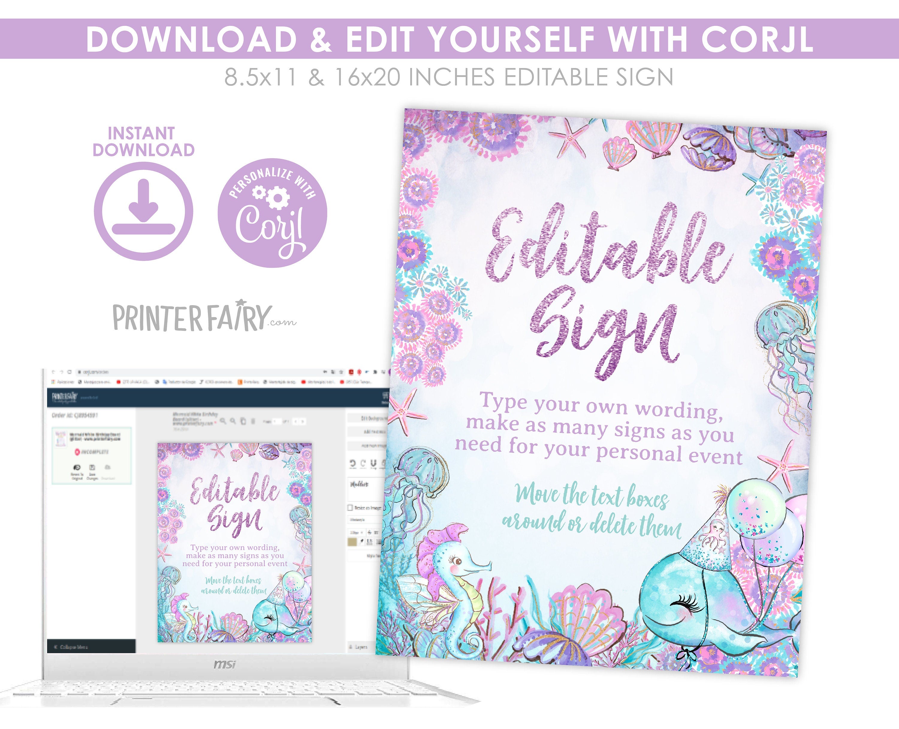 Under The Sea Birthday Sign Editable Template Whale Party Decoration (Instant Download)