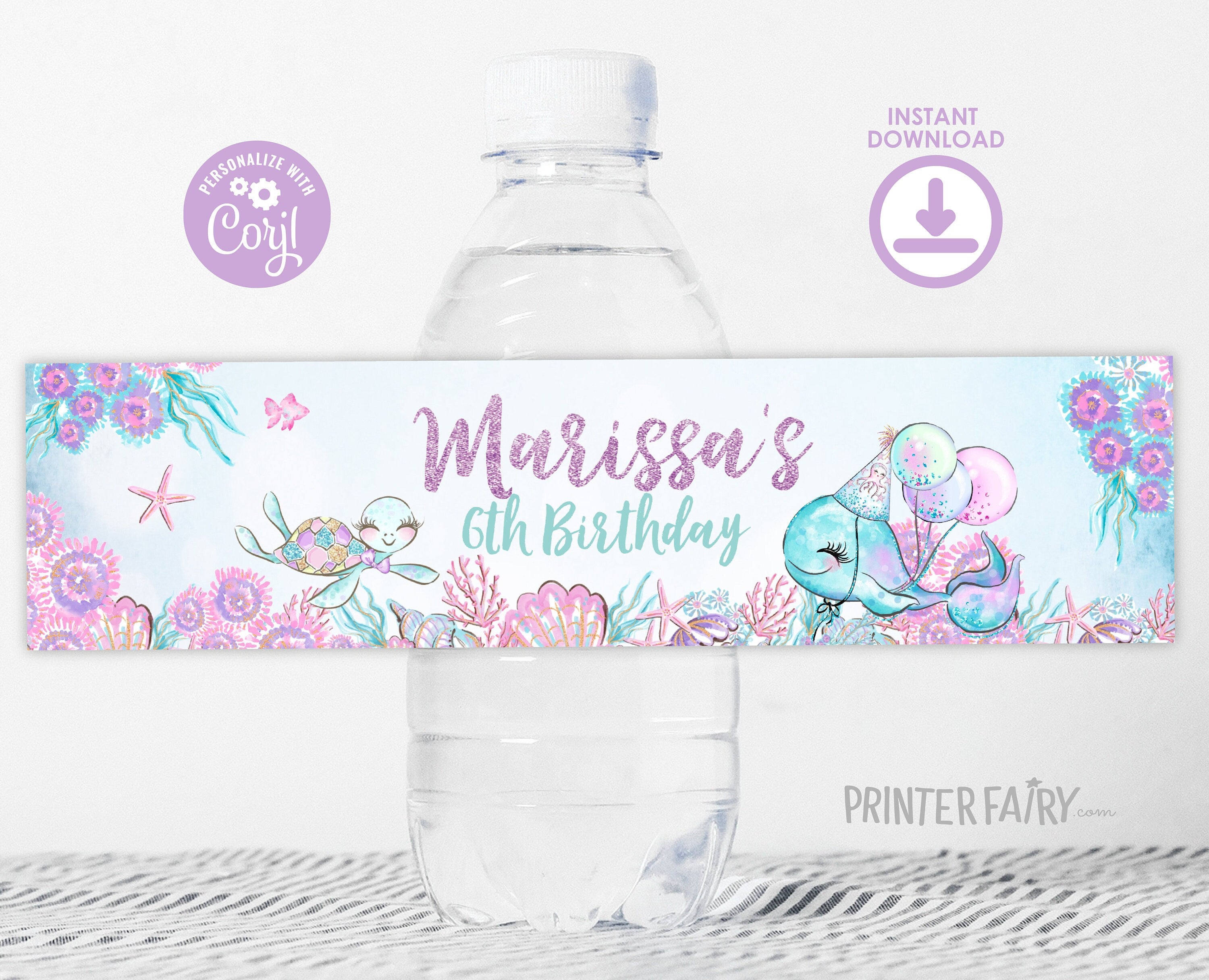Under The Sea Birthday Water Bottle Label, Editable Template Mermaid Theme (Digital Instant Download)