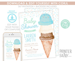 Ice Cream Baby Shower Invitation Editable Template, Watercolor Design (Digital INSTANT Download)