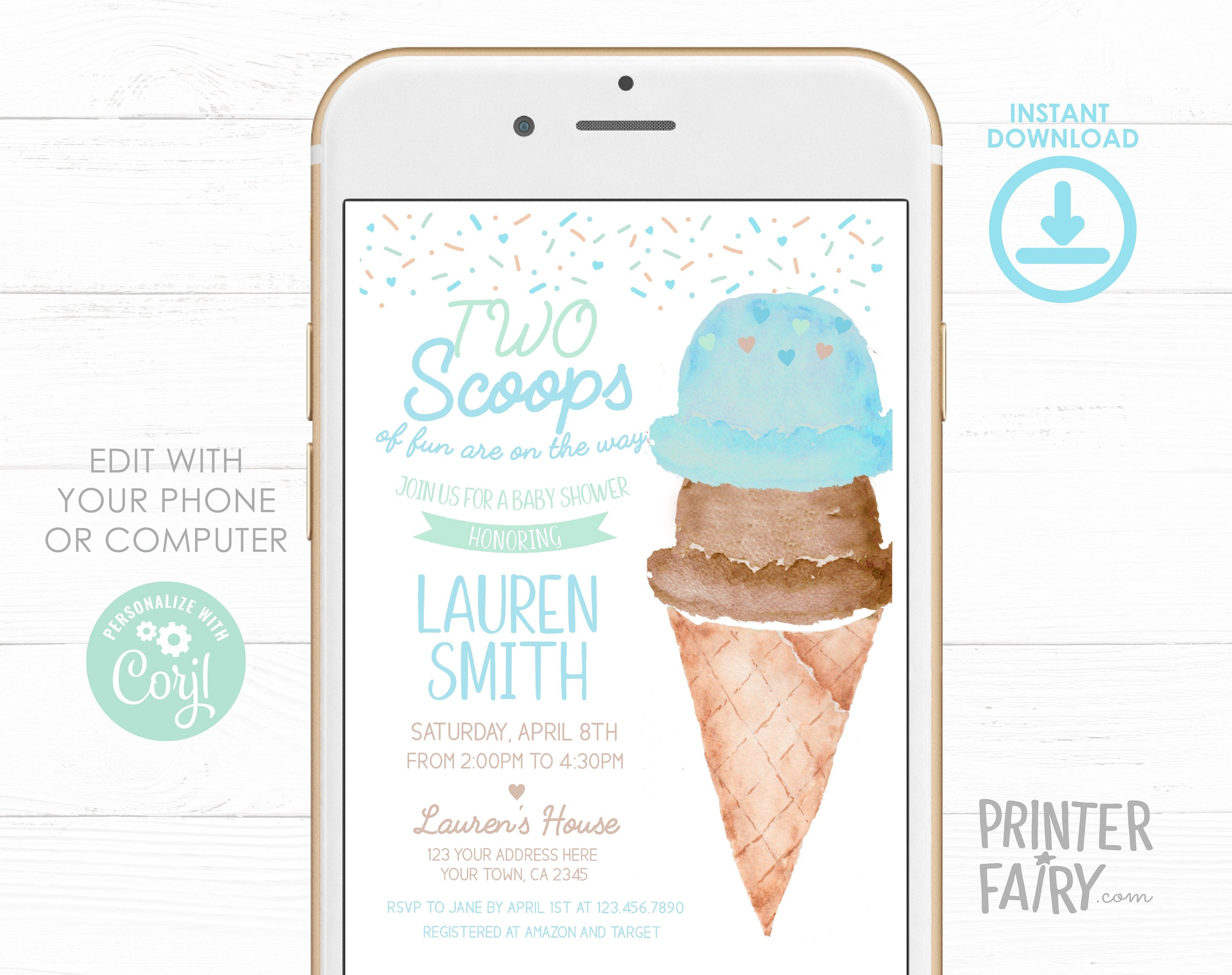 Ice Cream Twins Baby Shower Invitation Editable Template, Two Scoops (Digital Instant Download)