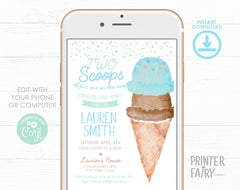 Ice Cream Twins Baby Shower Invitation Editable Template, Two Scoops (Digital Instant Download)