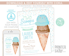 Ice Cream Twins Baby Shower Invitation Editable Template, Two Scoops (Digital Instant Download)