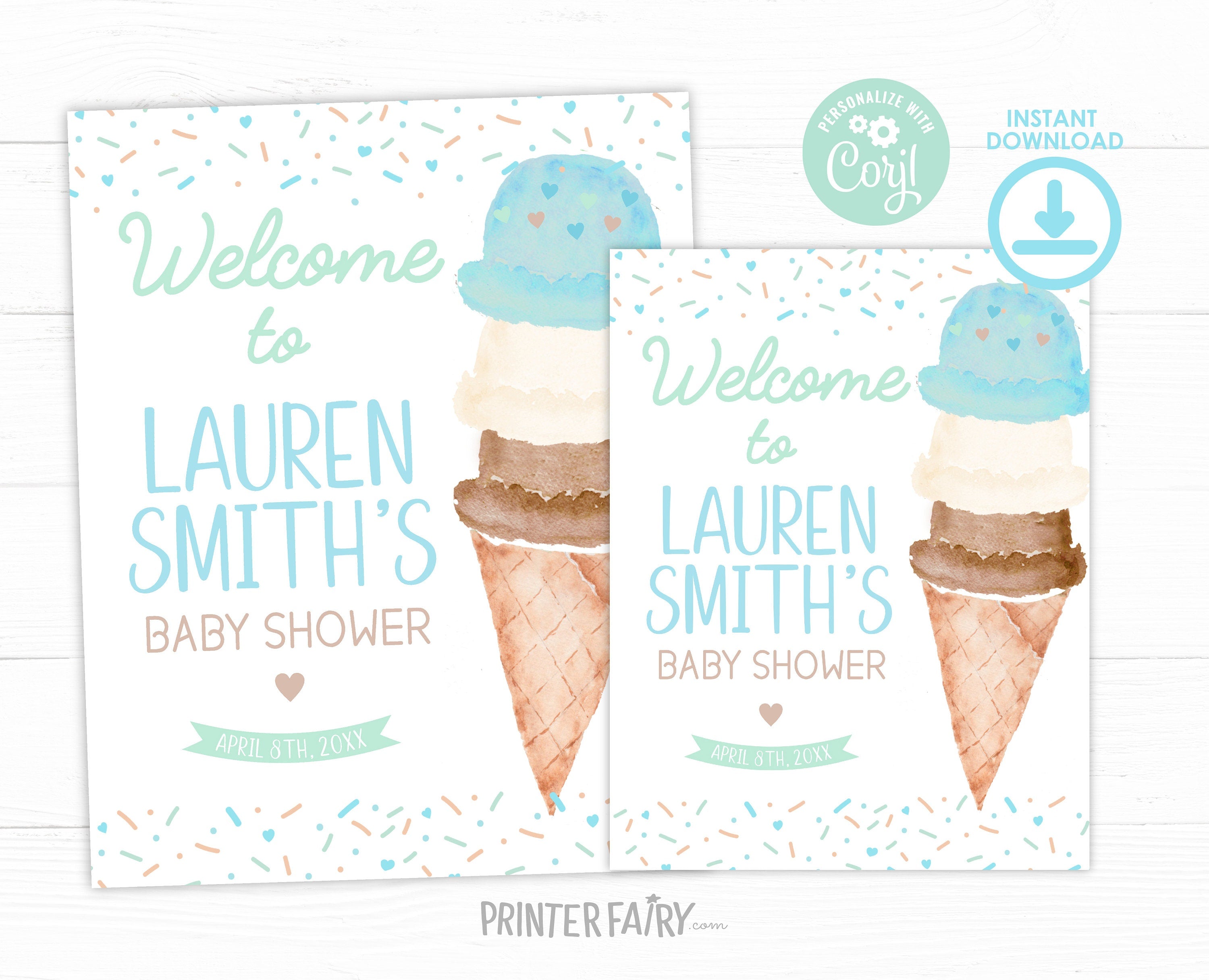 Ice Cream Baby Shower Welcome Sign Editable Template, INSTANT DOWNLOAD