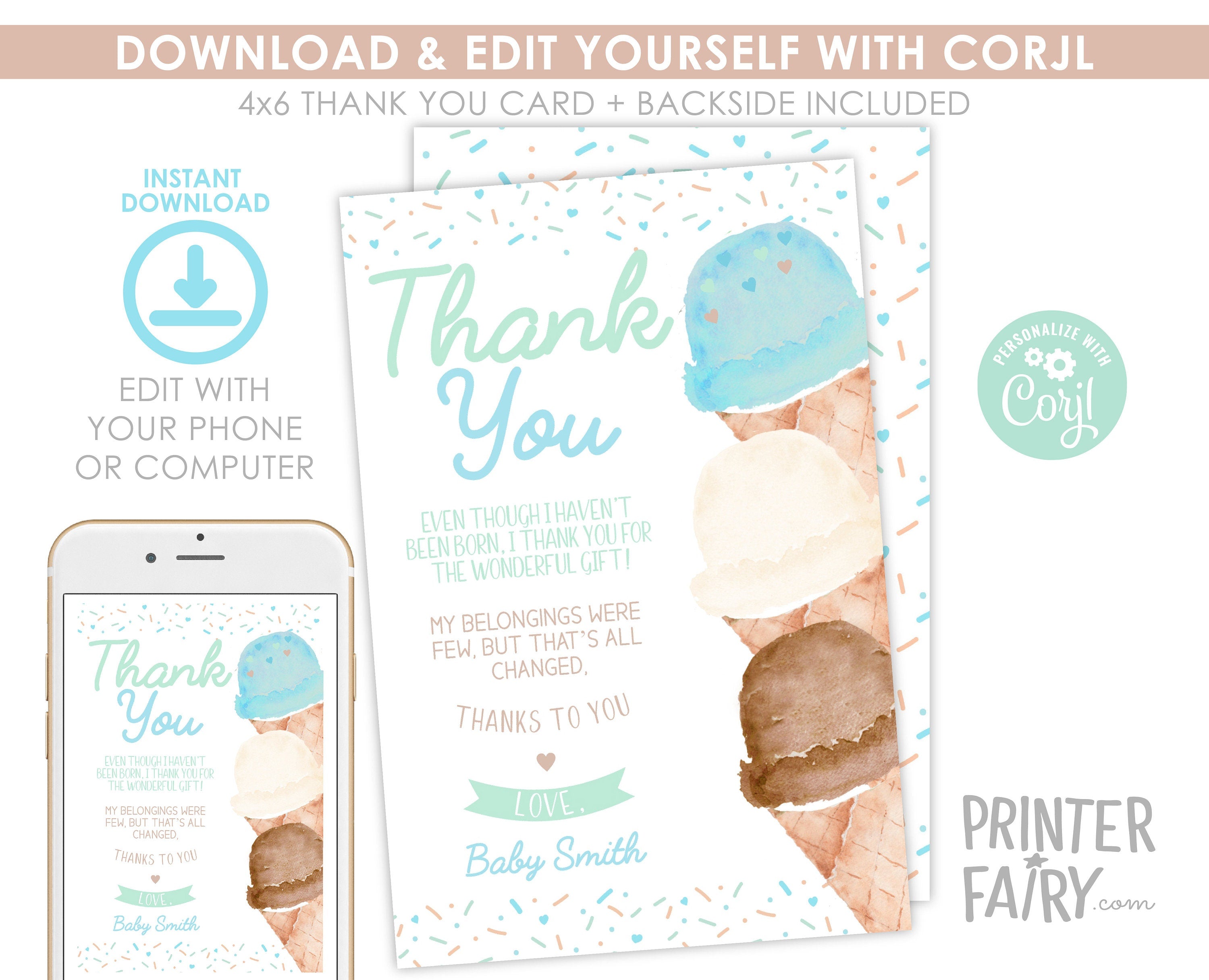Ice Cream Baby Shower Thank You Card Editable Template, Watercolor (Digital Instant Download)