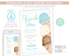 Ice Cream Baby Shower Thank You Card Editable Template, Watercolor (Digital Instant Download)