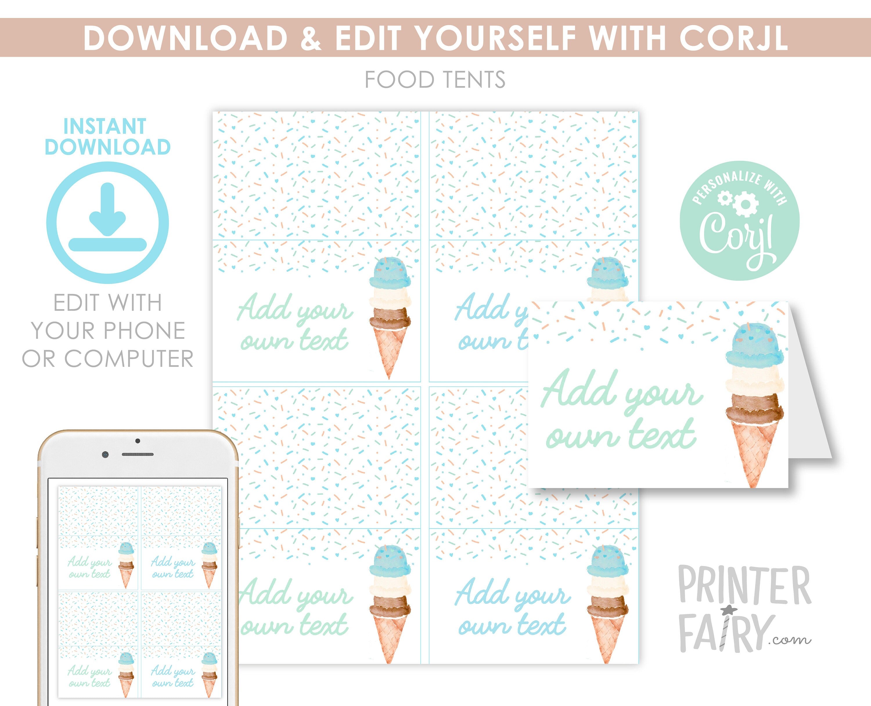 Ice Cream Food Labels, Birthday Baby Shower Tent Cards (Editable Download)