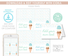 Ice Cream Food Labels, Birthday Baby Shower Tent Cards (Editable Download)