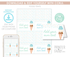 Ice Cream Food Labels, Birthday Baby Shower Tent Cards (Editable Download)