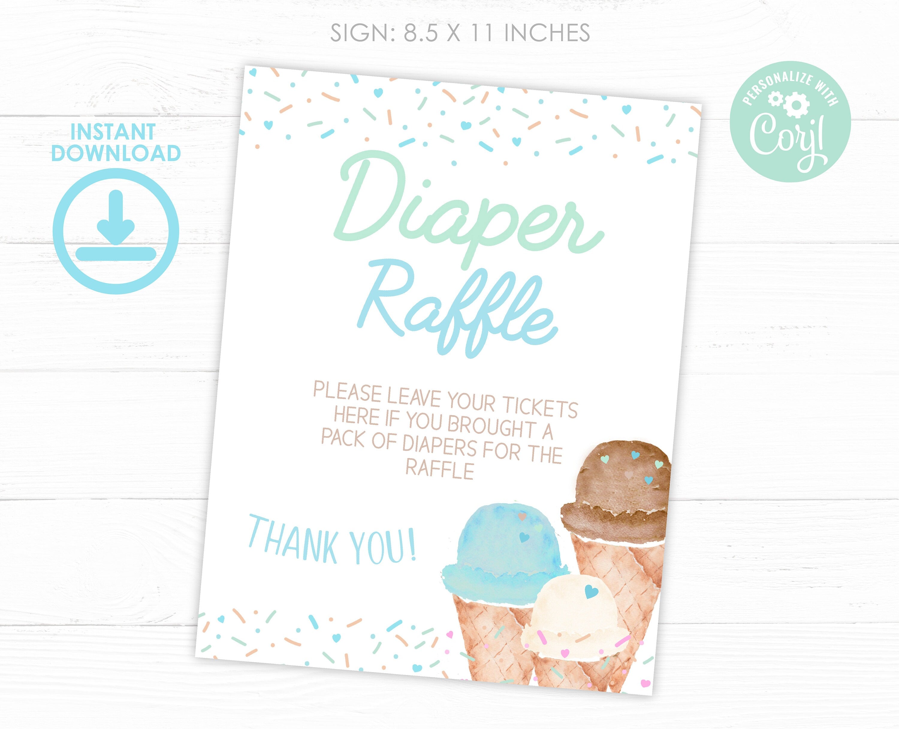 Ice Cream Diaper Raffle Sign and Cards, Baby Shower (Digital Download)