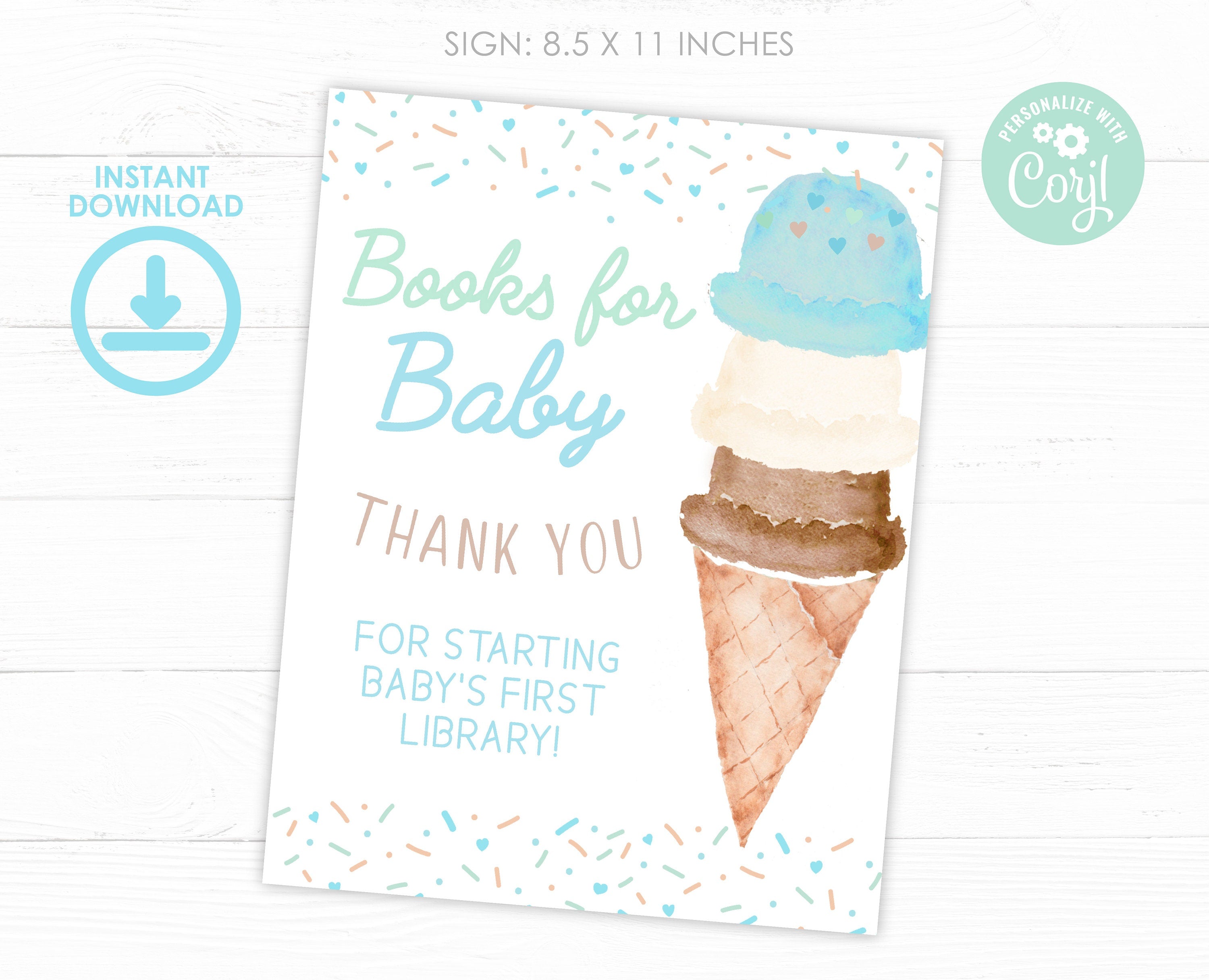 Ice Cream Baby Shower Books for Baby Sign and Card (Digital Download)