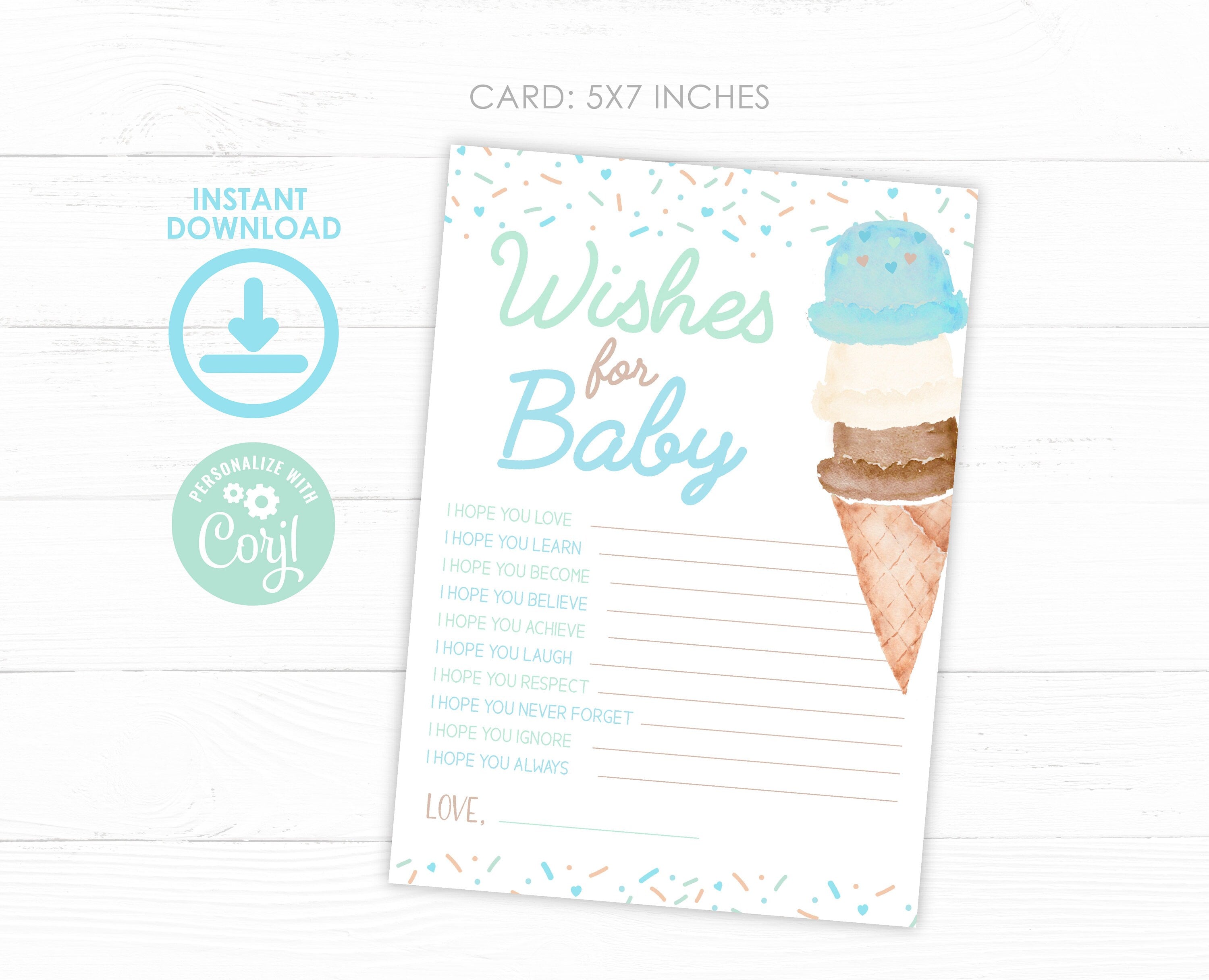 Ice Cream Baby Shower Wishes Sign and Card Templates (Digital Download)