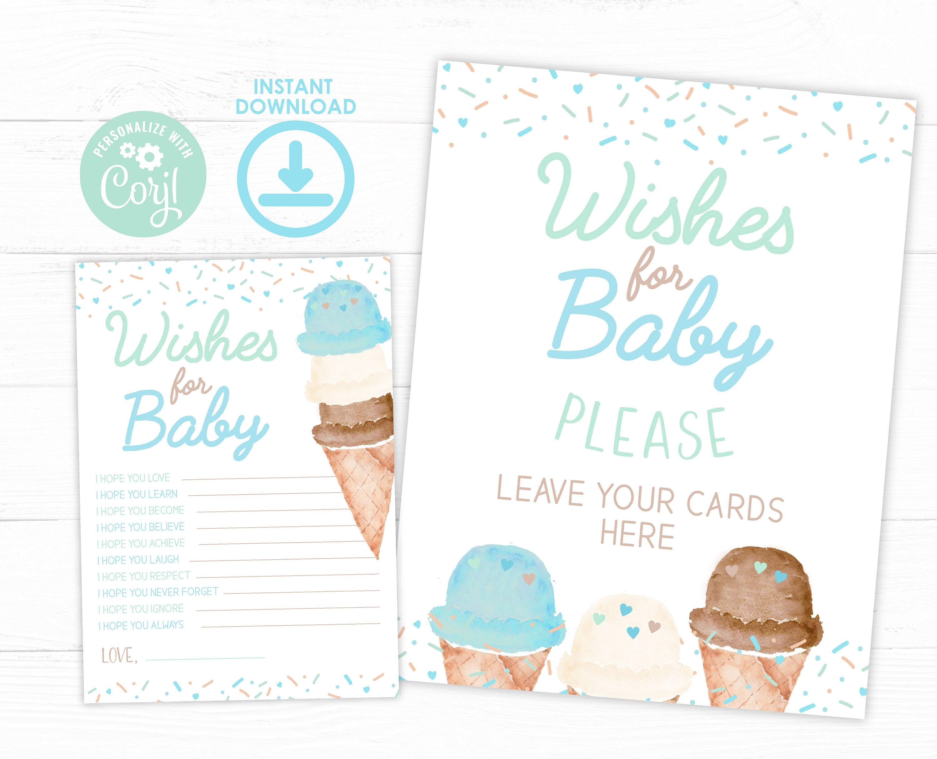 Ice Cream Baby Shower Wishes Sign and Card Templates (Digital Download)