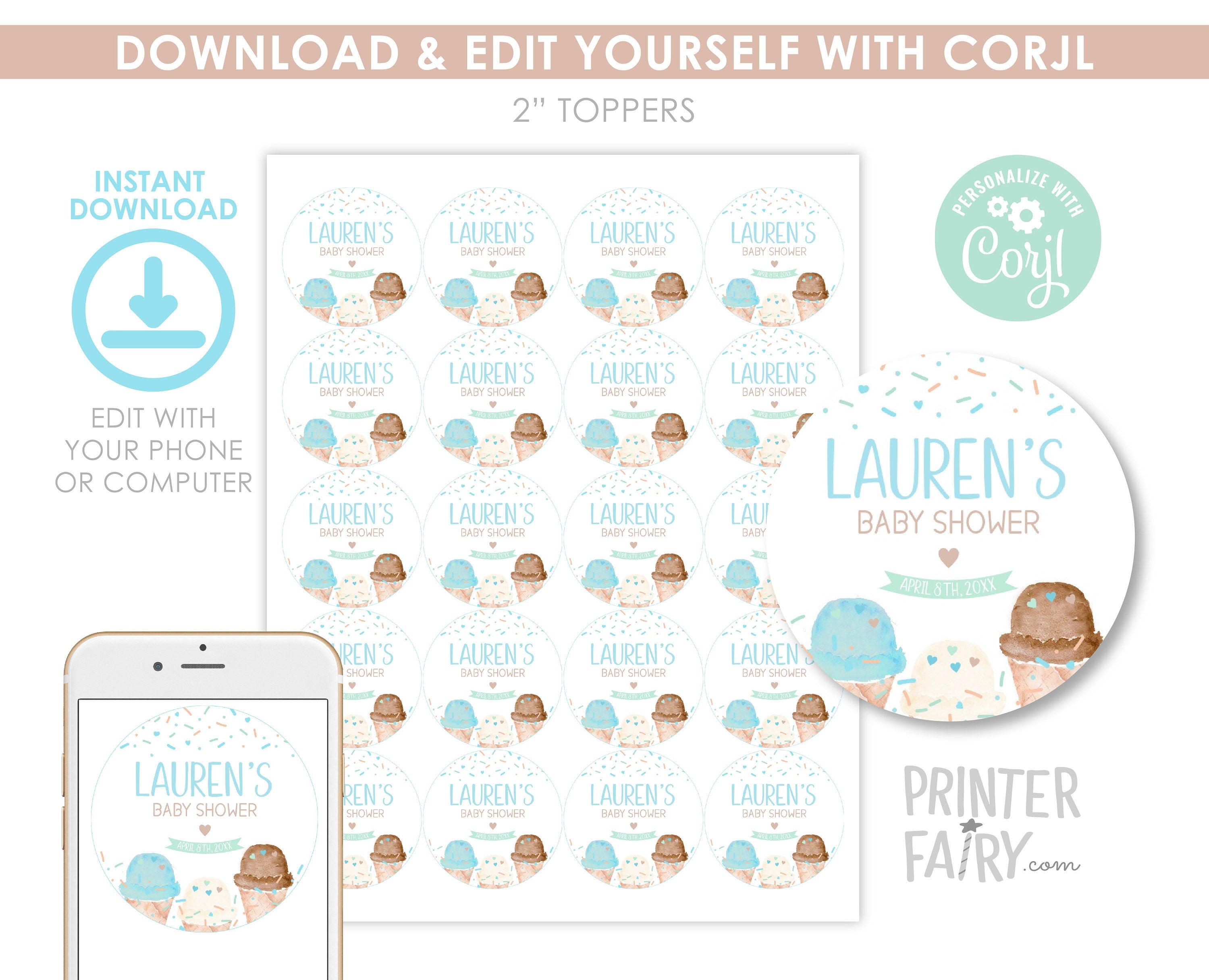 Ice Cream Baby Shower Cupcake Toppers or Labels Editable Template, (Digital Instant Download)