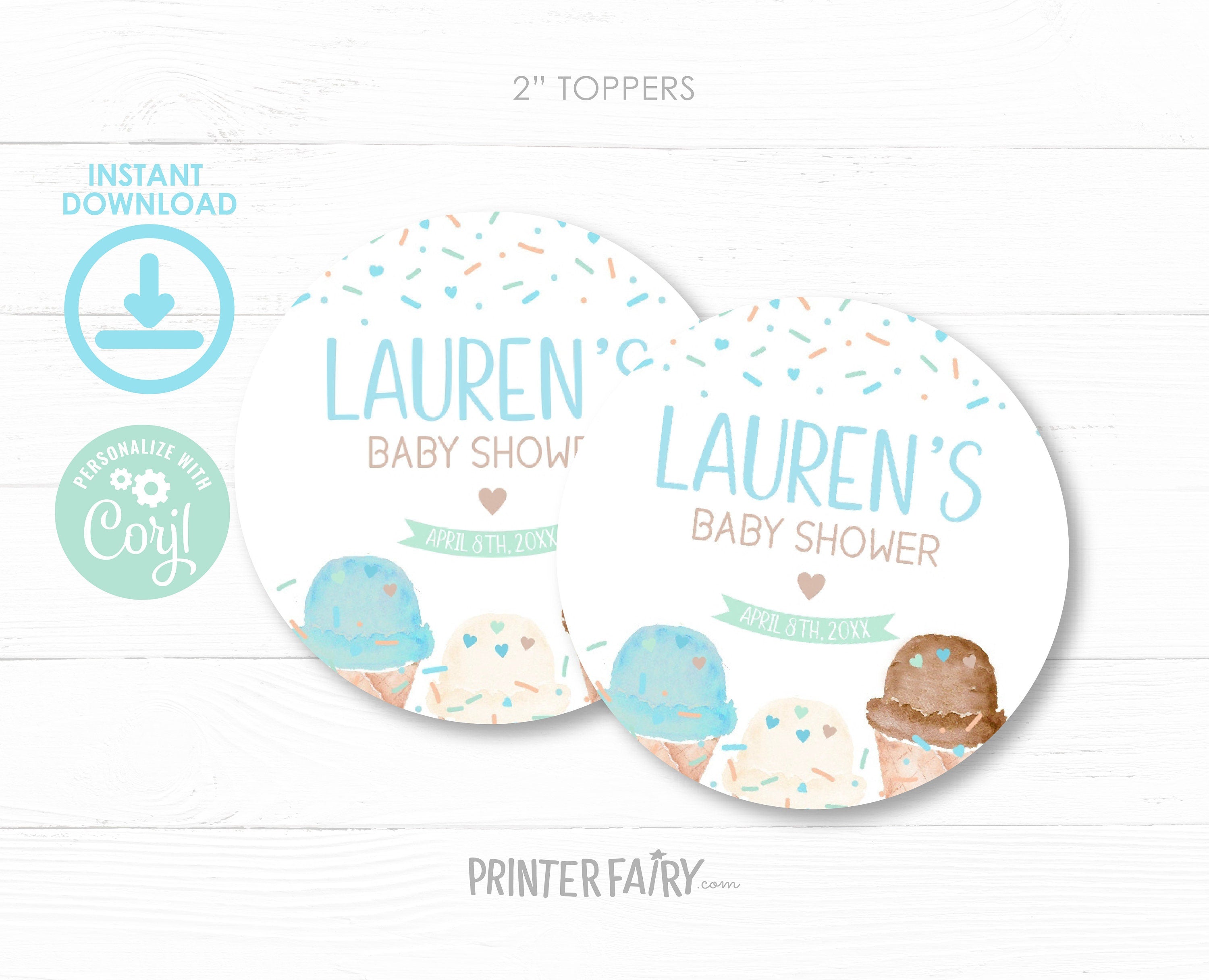 Ice Cream Baby Shower Cupcake Toppers or Labels Editable Template, (Digital Instant Download)