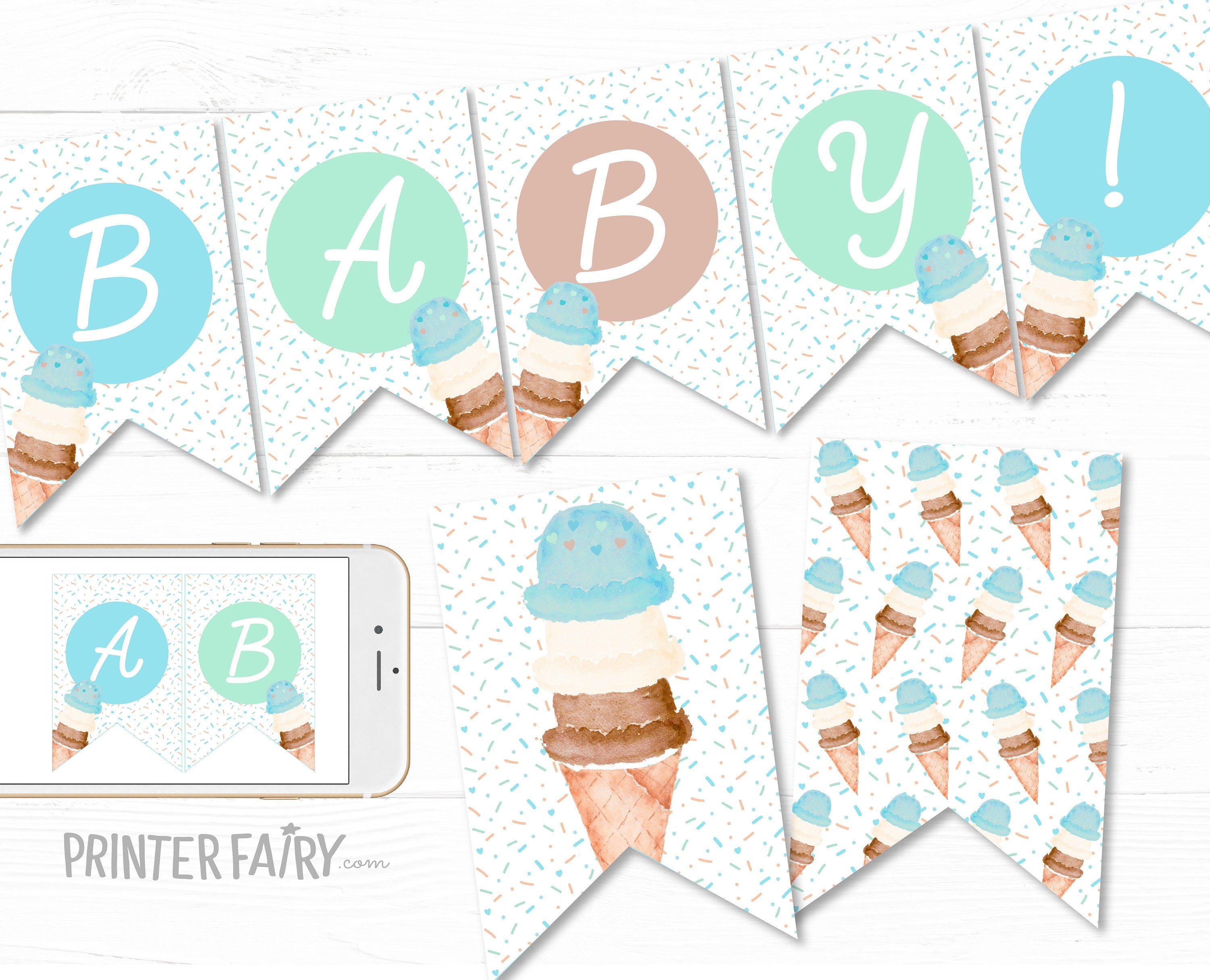Ice Cream Baby Shower Banner Editable TEMPLATE, Add your Text, Instant Download