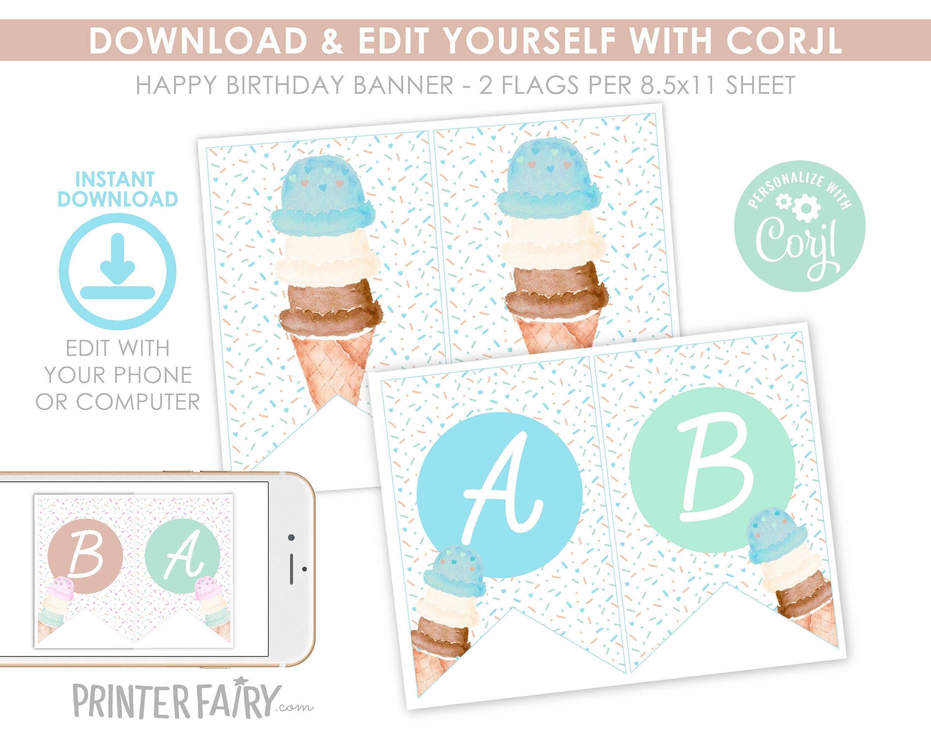 Ice Cream Baby Shower Banner Editable TEMPLATE, Add your Text, Instant Download