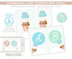 Ice Cream Baby Shower Banner Editable TEMPLATE, Add your Text, Instant Download