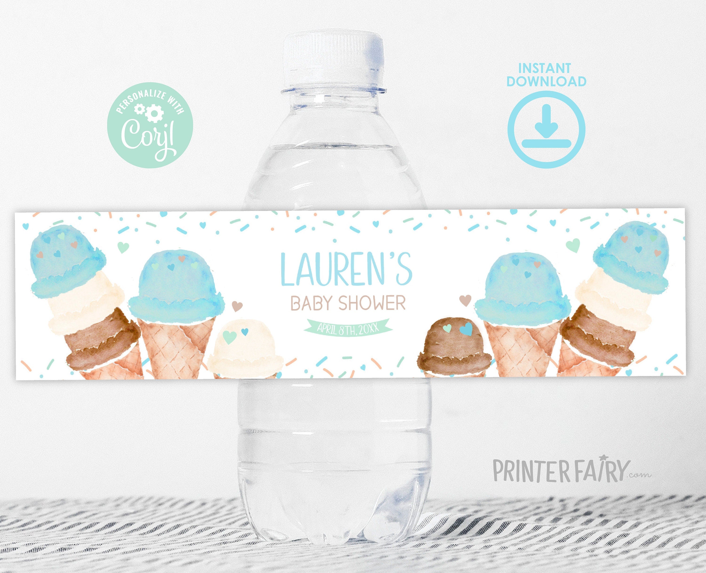 Ice Cream Baby Shower Water Bottle Label Editable Template (Digital Instant Download)