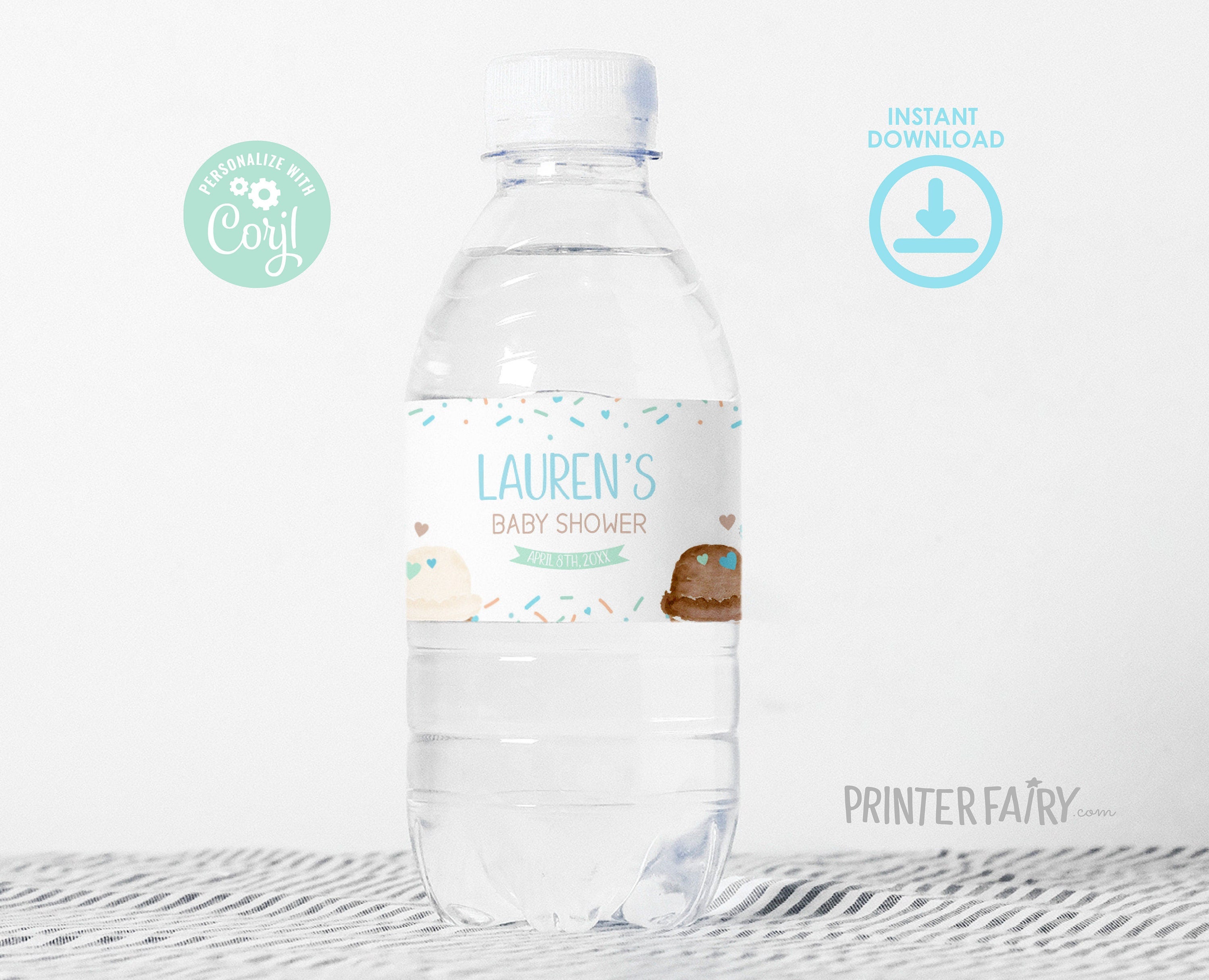 Ice Cream Baby Shower Water Bottle Label Editable Template (Digital Instant Download)