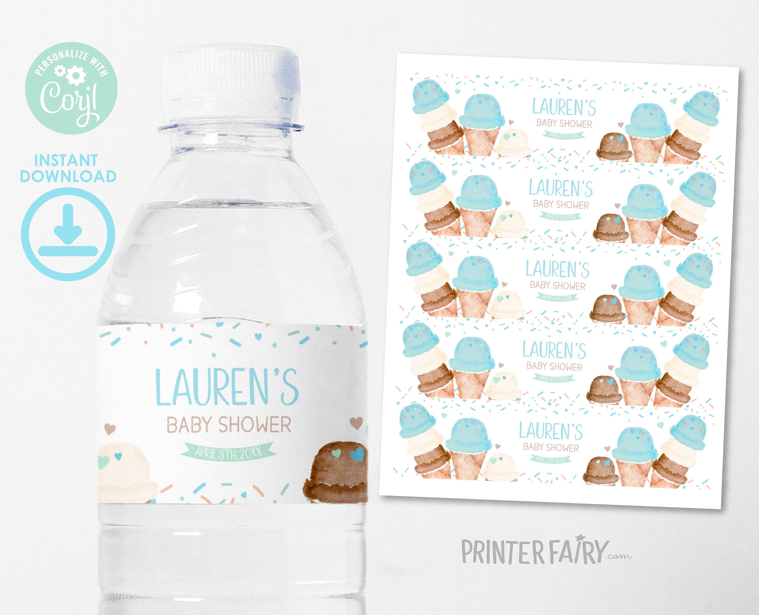 Ice Cream Baby Shower Water Bottle Label Editable Template (Digital Instant Download)