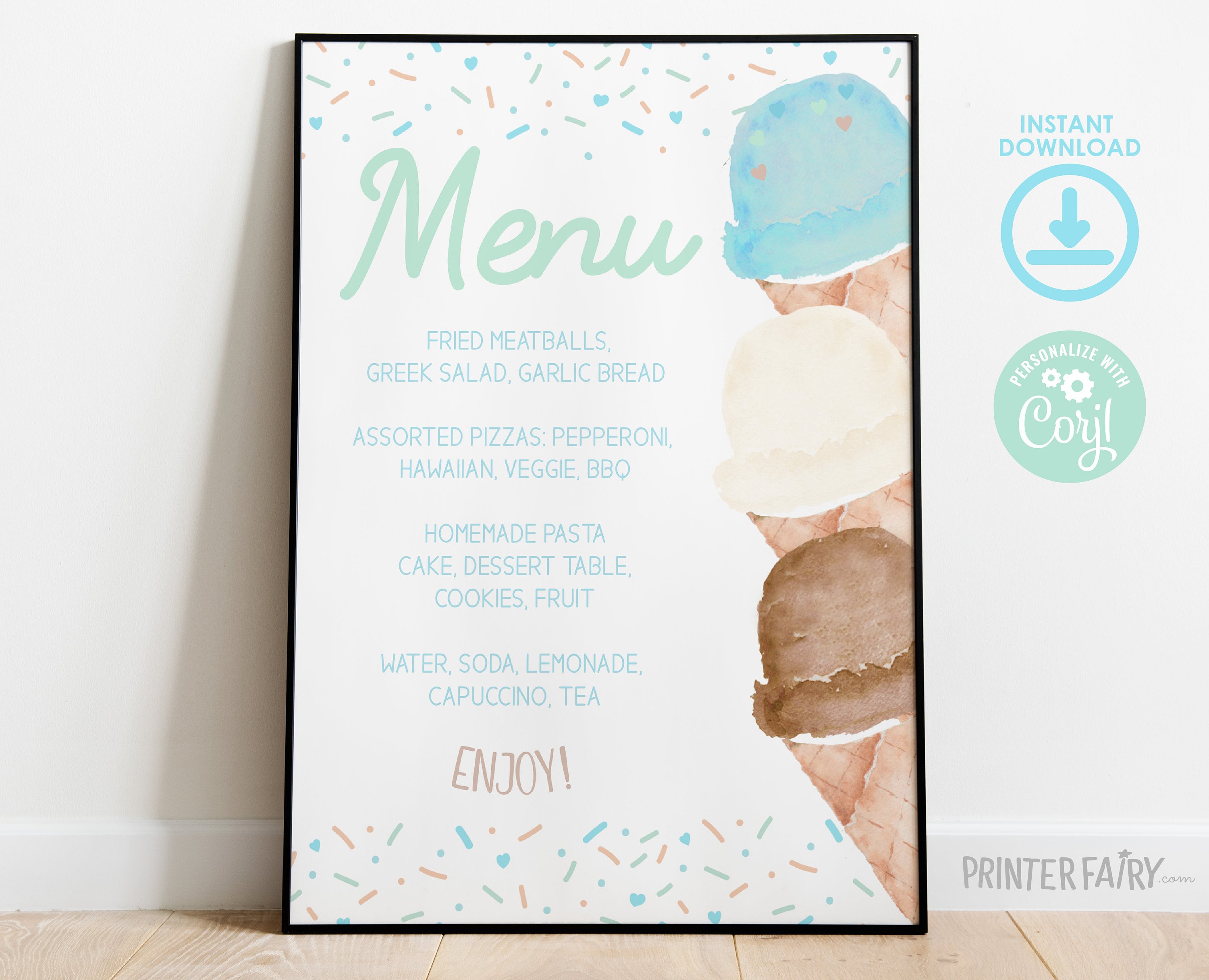 Ice Cream Baby Shower Menu Editable Template, Watercolor Food Table Sign (Digital Instant Download)