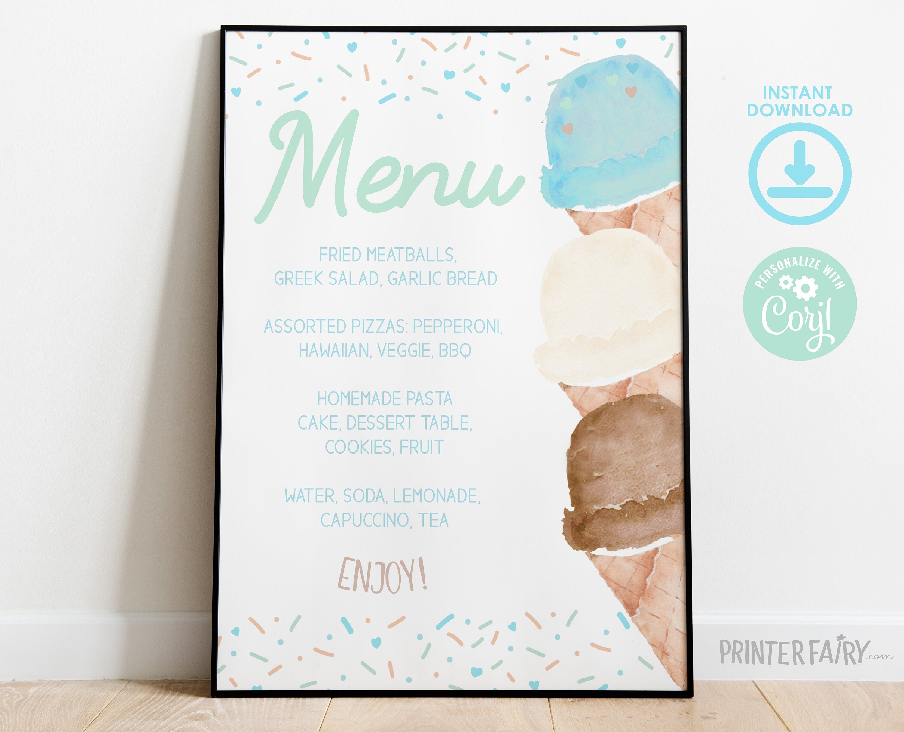 Ice Cream Baby Shower Menu Editable Template, Watercolor Food Table Sign (Digital Instant Download)