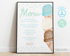 Ice Cream Baby Shower Menu Editable Template, Watercolor Food Table Sign (Digital Instant Download)